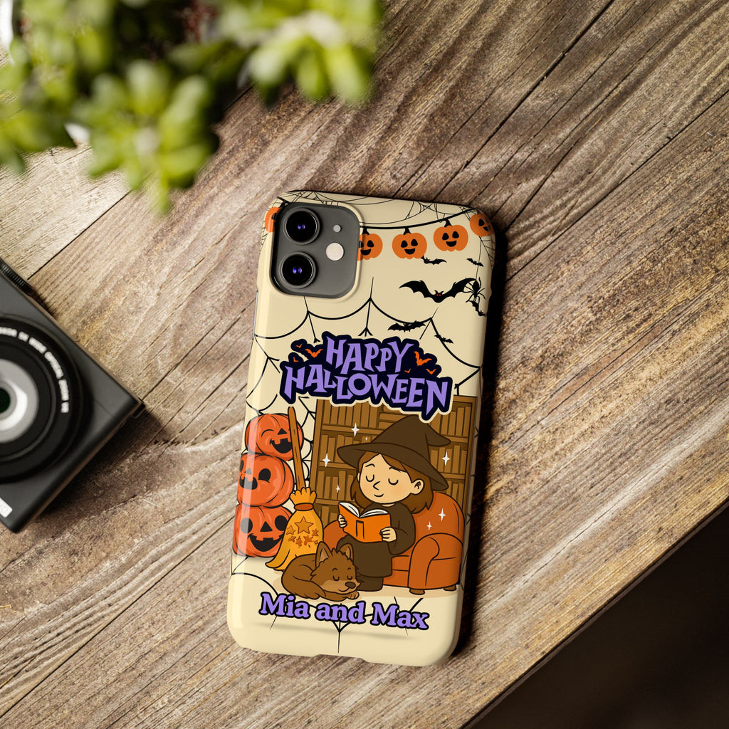 iPhone Case - Halloween Witch Reader with Pet, Personalized Fall Phone Cover, Book Lover Gift, Customizable Spooky Slim Case, Autumn Witchy