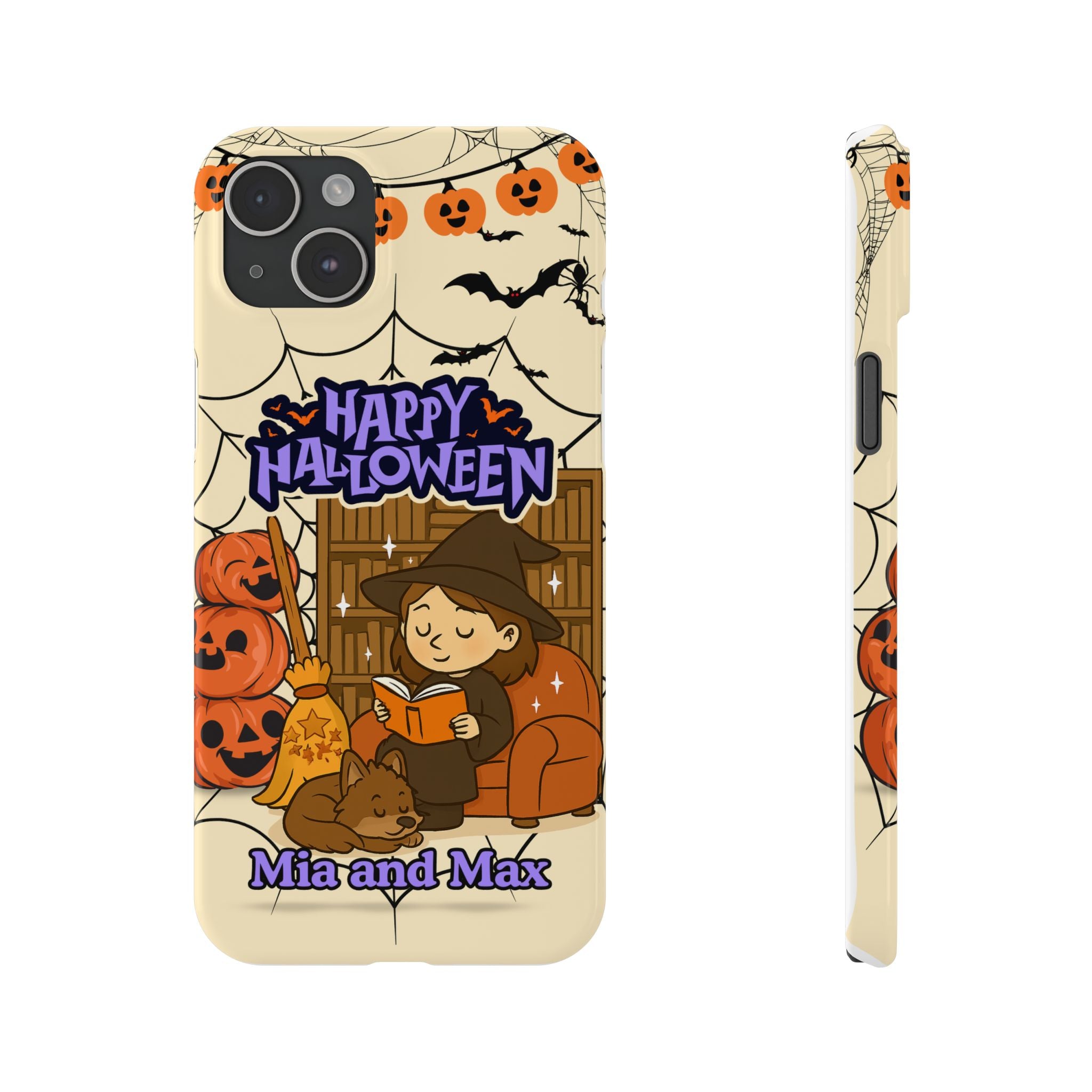 iPhone Case - Halloween Witch Reader with Pet, Personalized Fall Phone Cover, Book Lover Gift, Customizable Spooky Slim Case, Autumn Witchy