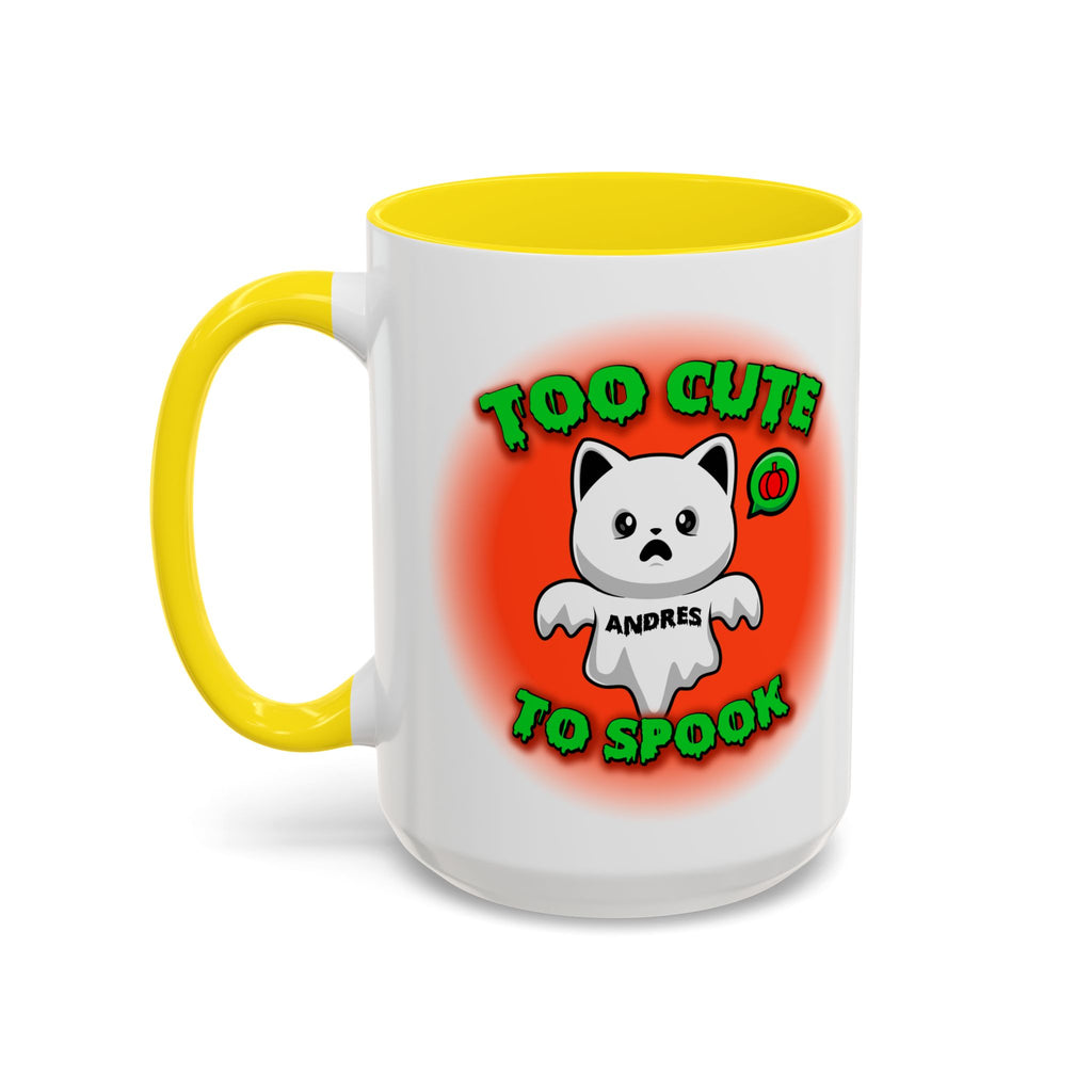 Halloween Accent Mug, Cute Ghost Cat, Too Cute To Spook, Custom Name Gift, Cat Lover Mug, Spooky Season Cup, Orange and White, Pink Handle,