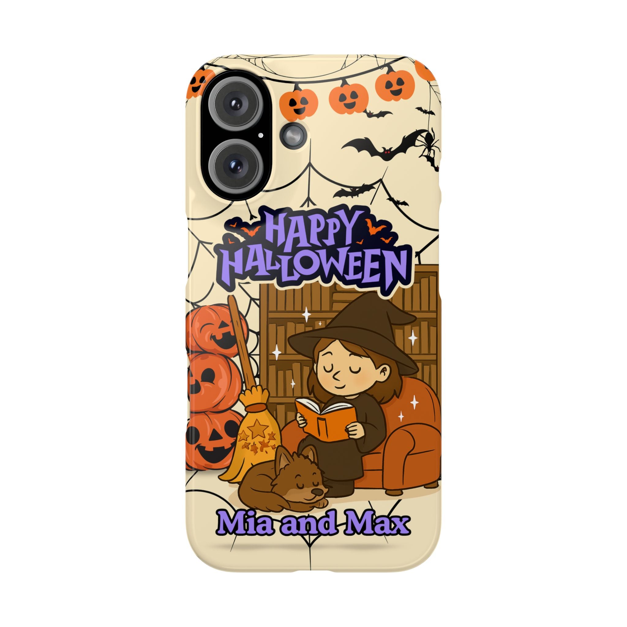 iPhone Case - Halloween Witch Reader with Pet, Personalized Fall Phone Cover, Book Lover Gift, Customizable Spooky Slim Case, Autumn Witchy
