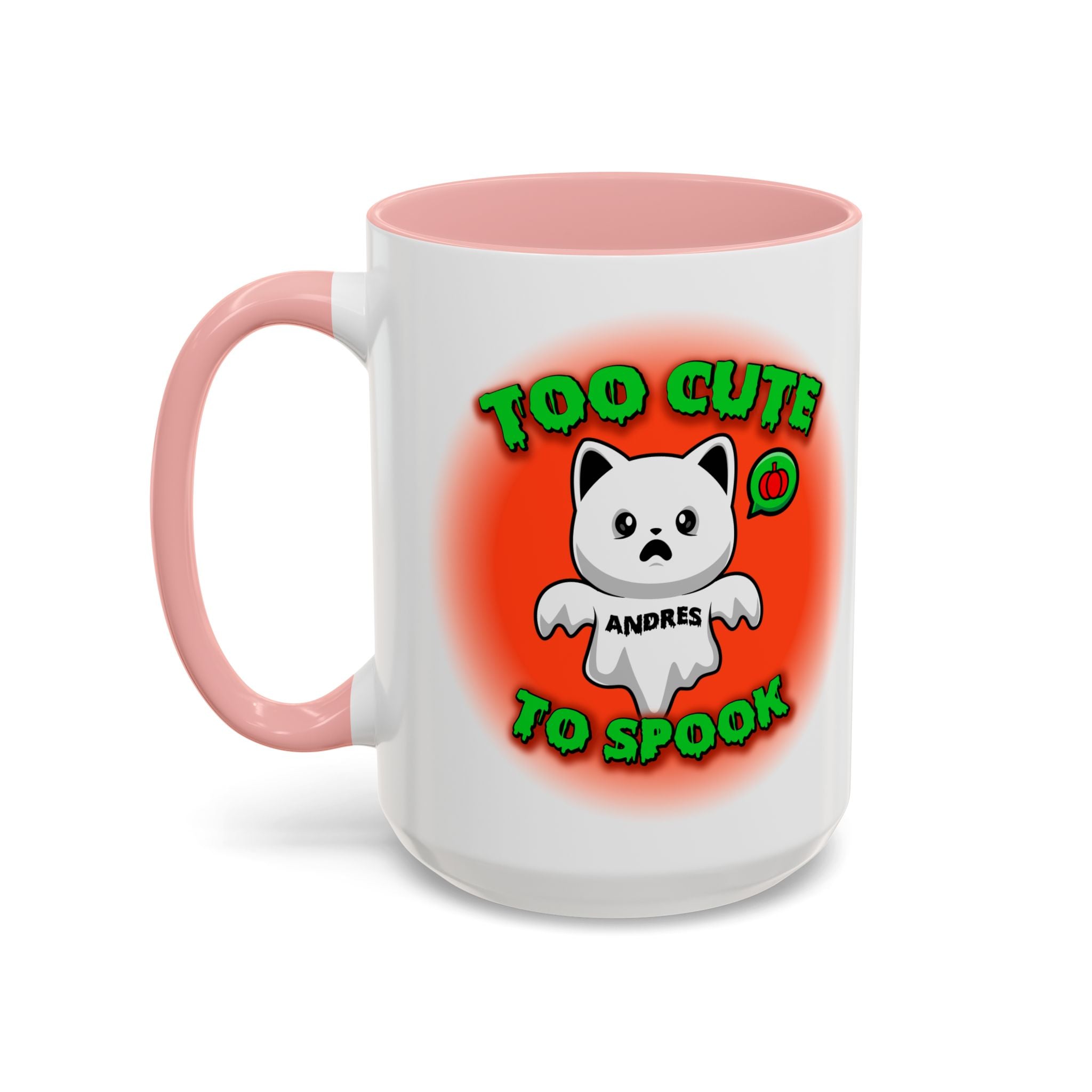 Halloween Accent Mug, Cute Ghost Cat, Too Cute To Spook, Custom Name Gift, Cat Lover Mug, Spooky Season Cup, Orange and White, Pink Handle,