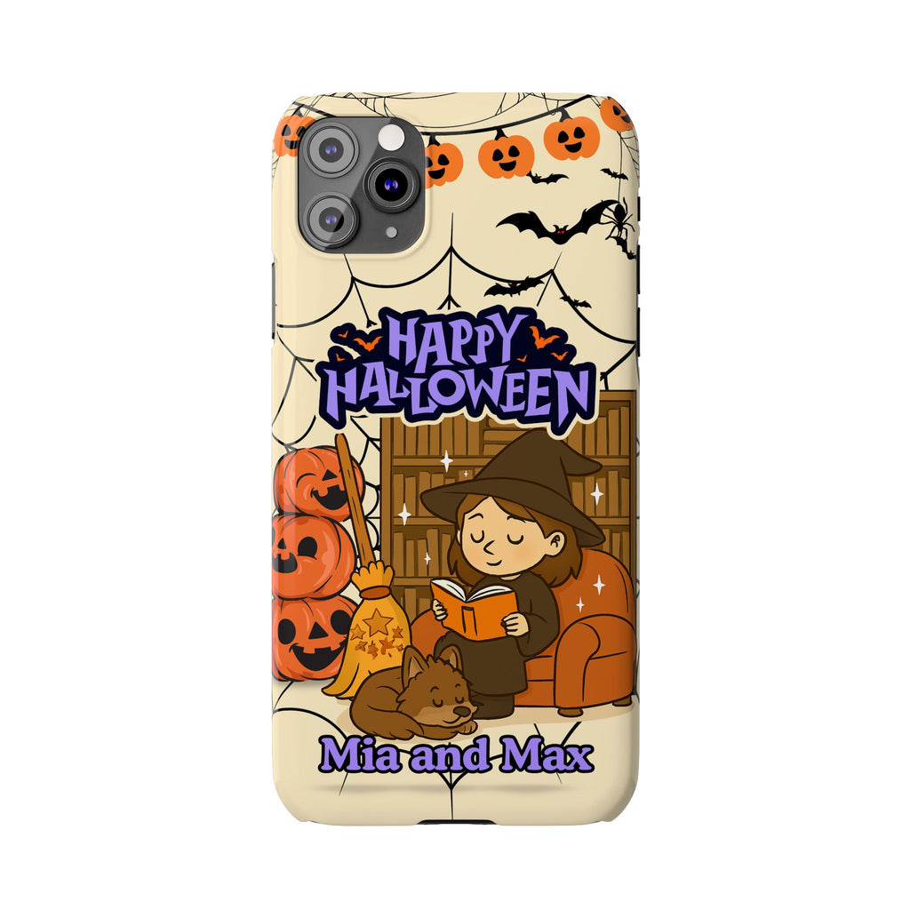 iPhone Case - Halloween Witch Reader with Pet, Personalized Fall Phone Cover, Book Lover Gift, Customizable Spooky Slim Case, Autumn Witchy