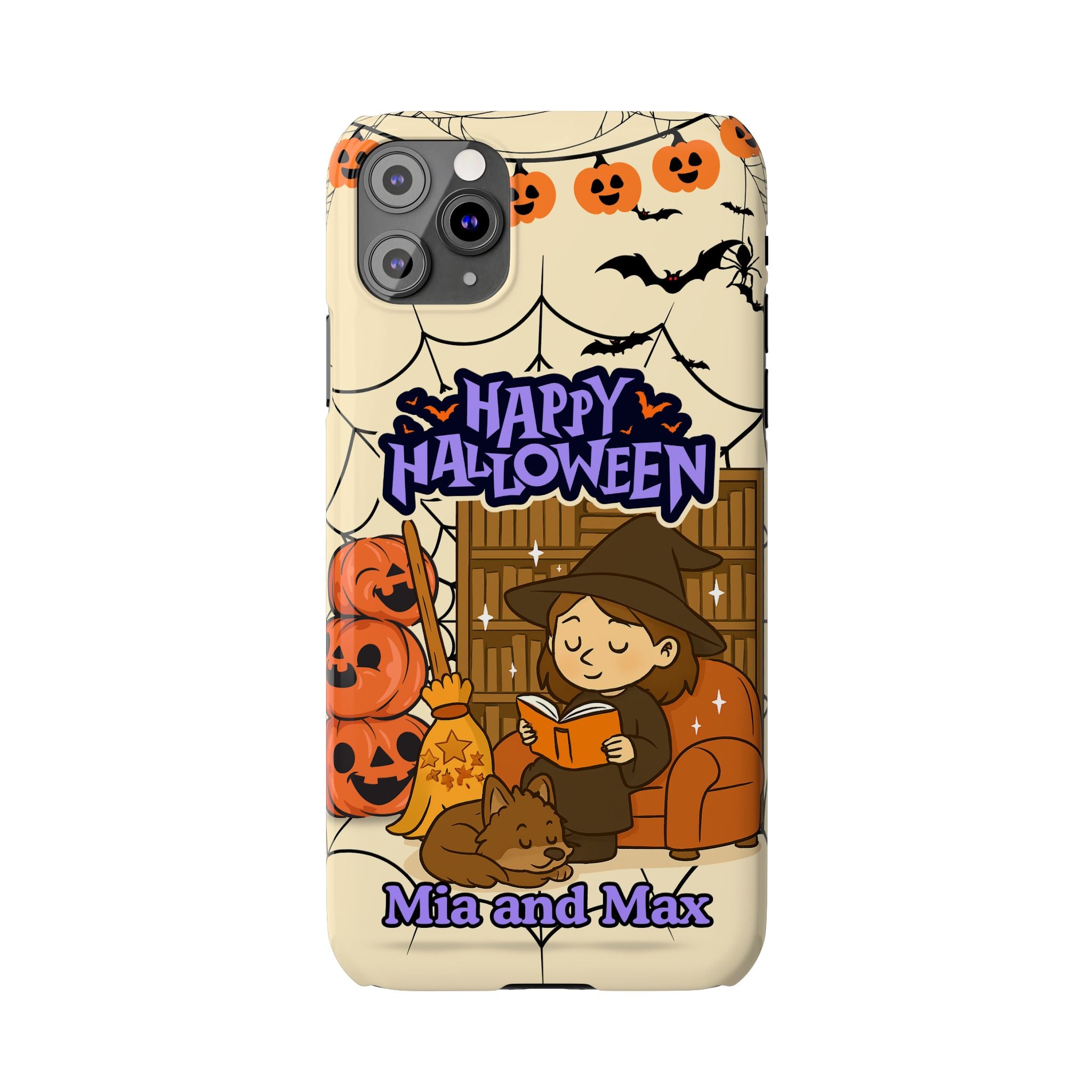 iPhone Case - Halloween Witch Reader with Pet, Personalized Fall Phone Cover, Book Lover Gift, Customizable Spooky Slim Case, Autumn Witchy