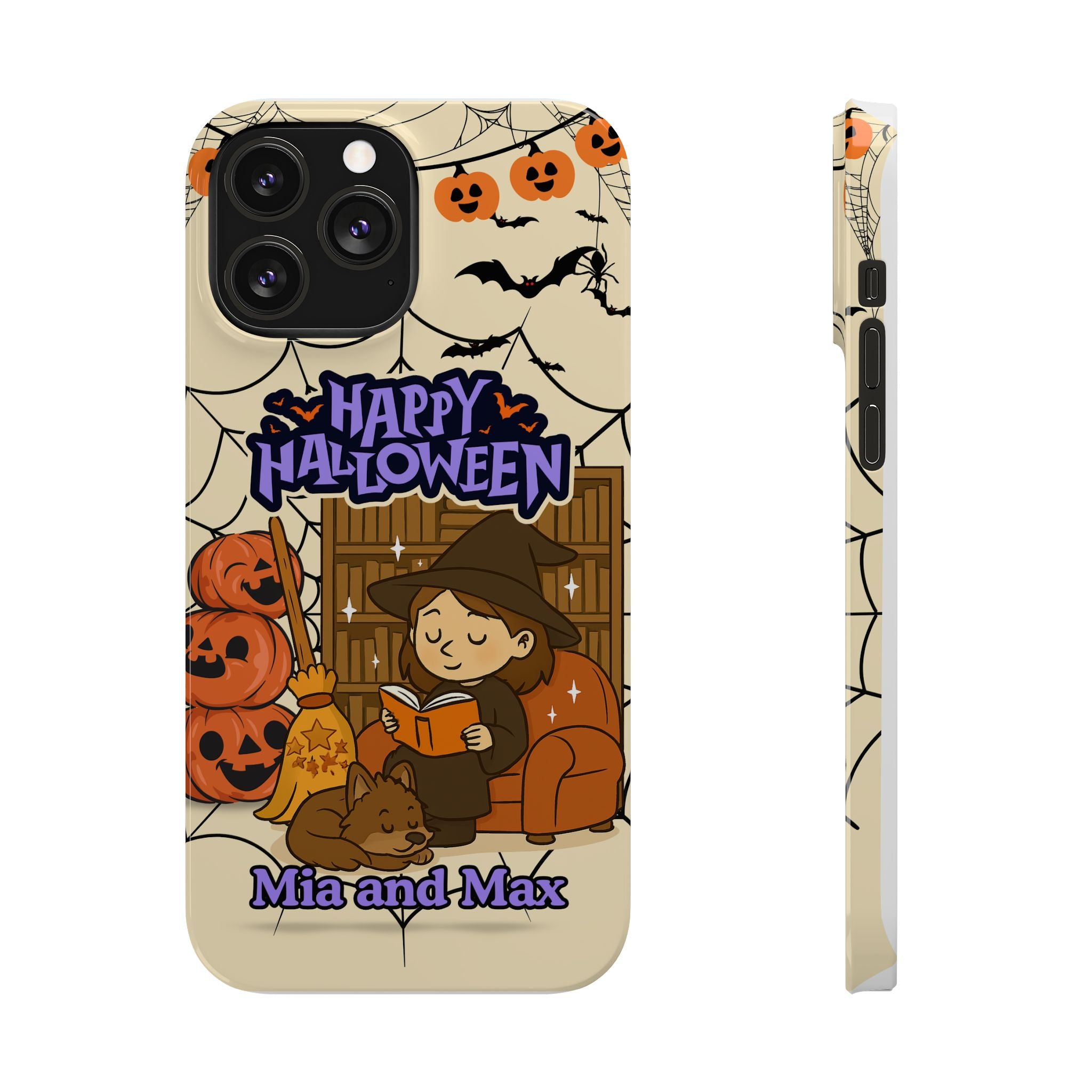 iPhone Case - Halloween Witch Reader with Pet, Personalized Fall Phone Cover, Book Lover Gift, Customizable Spooky Slim Case, Autumn Witchy