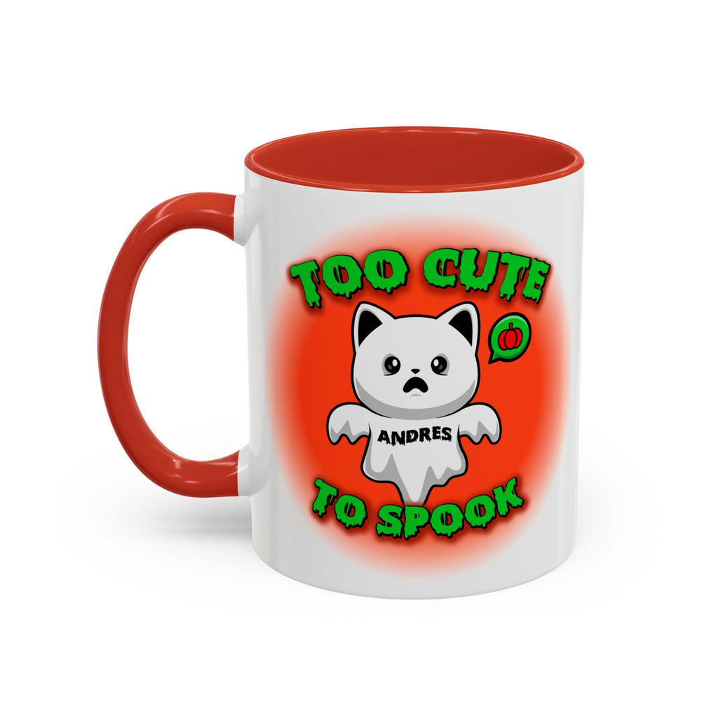 Halloween Accent Mug, Cute Ghost Cat, Too Cute To Spook, Custom Name Gift, Cat Lover Mug, Spooky Season Cup, Orange and White, Pink Handle,