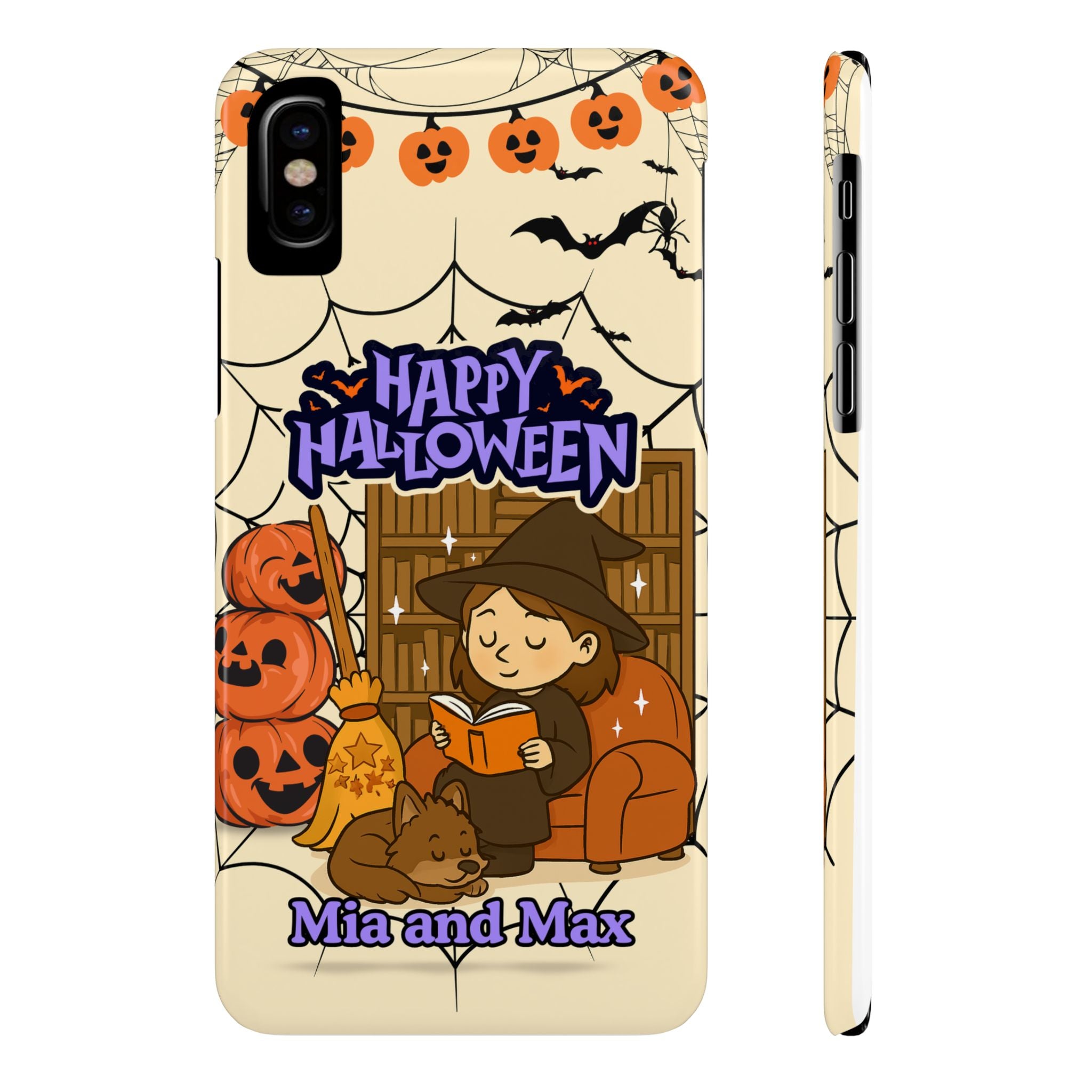 iPhone Case - Halloween Witch Reader with Pet, Personalized Fall Phone Cover, Book Lover Gift, Customizable Spooky Slim Case, Autumn Witchy