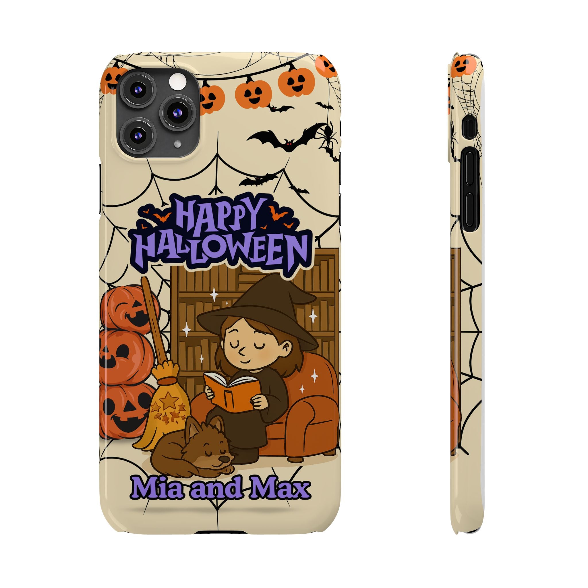 iPhone Case - Halloween Witch Reader with Pet, Personalized Fall Phone Cover, Book Lover Gift, Customizable Spooky Slim Case, Autumn Witchy