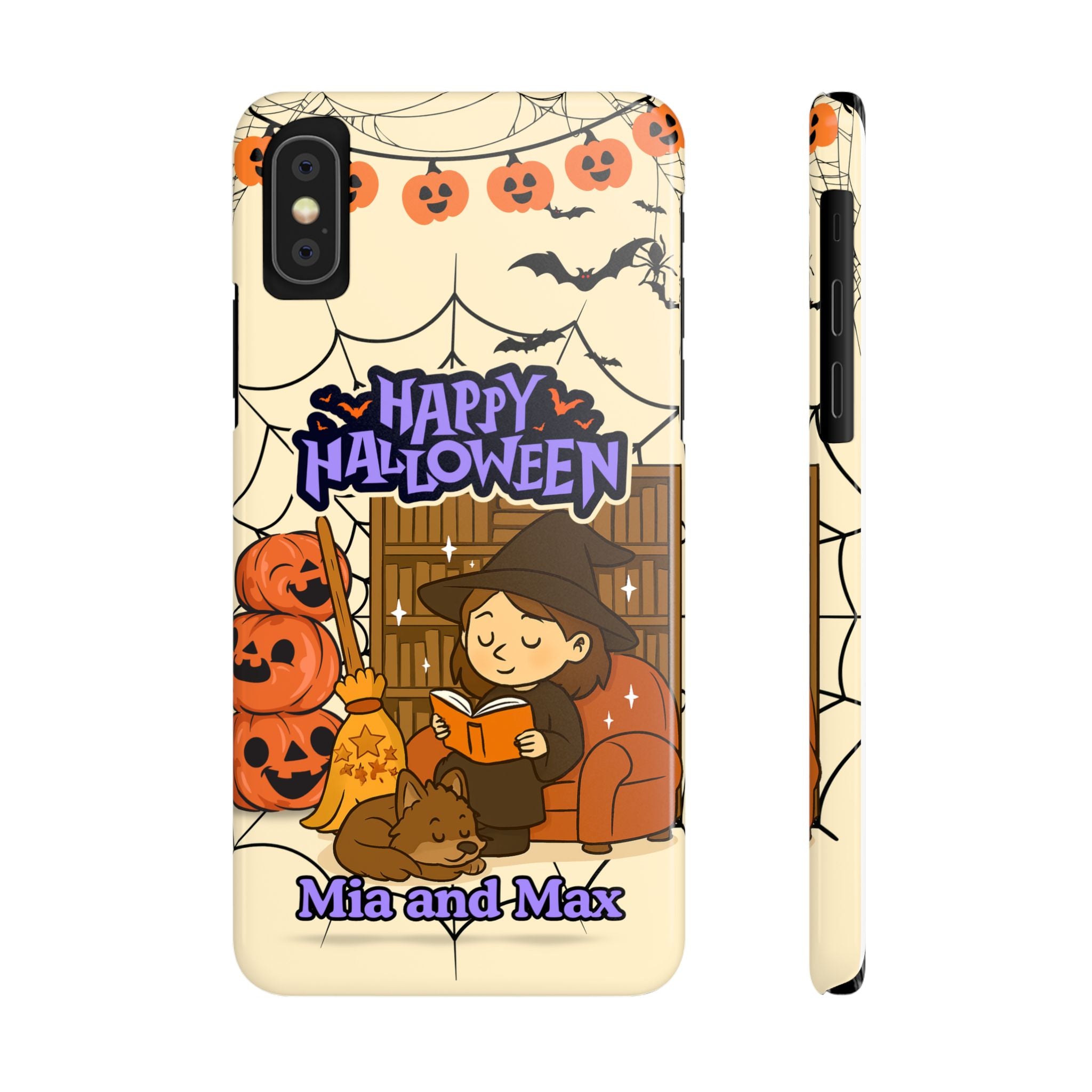 iPhone Case - Halloween Witch Reader with Pet, Personalized Fall Phone Cover, Book Lover Gift, Customizable Spooky Slim Case, Autumn Witchy