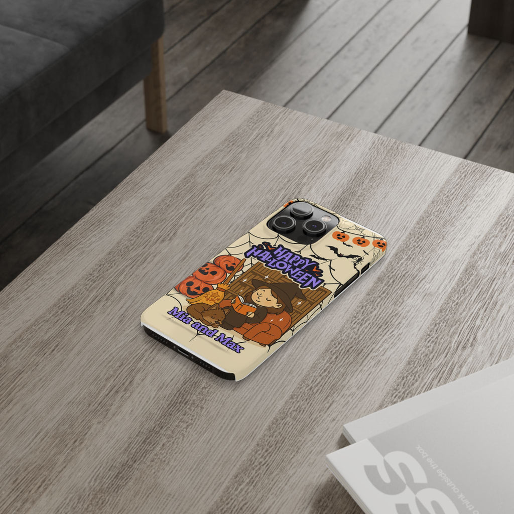 iPhone Case - Halloween Witch Reader with Pet, Personalized Fall Phone Cover, Book Lover Gift, Customizable Spooky Slim Case, Autumn Witchy