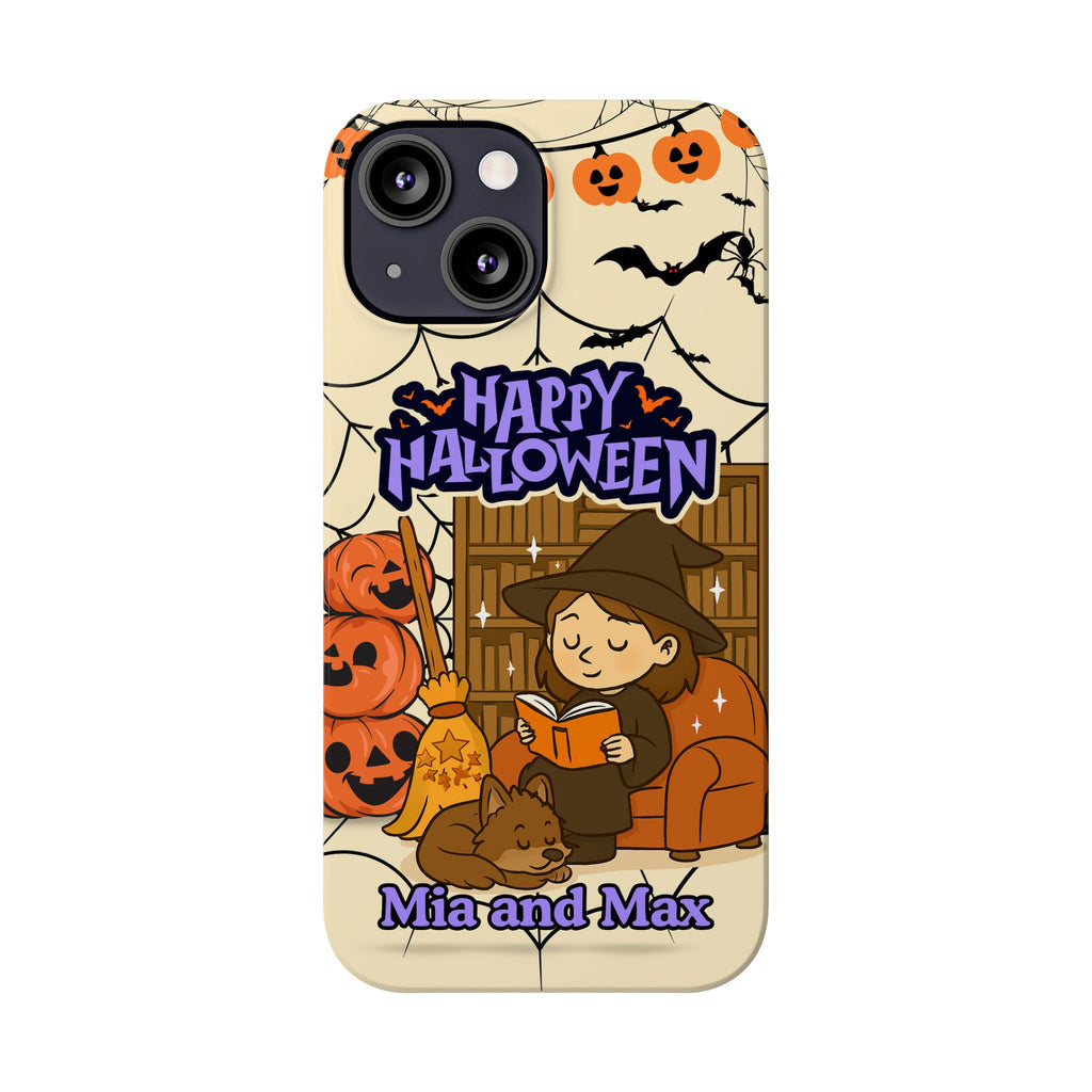 iPhone Case - Halloween Witch Reader with Pet, Personalized Fall Phone Cover, Book Lover Gift, Customizable Spooky Slim Case, Autumn Witchy
