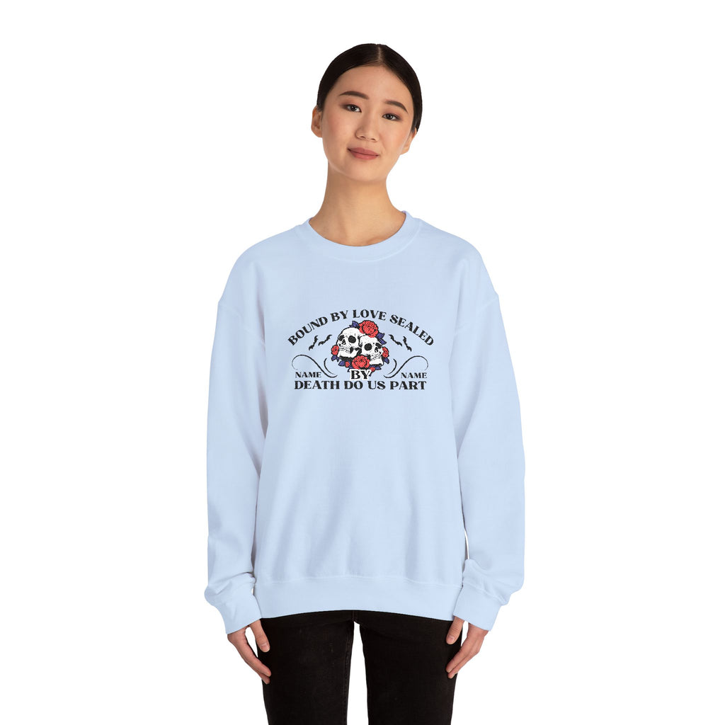 Embroidered Halloween Phrase Unisex Sweatshirt, Bound By Love Sealed By Death Customizable Halloween Sweatshirt, Couple's Names Sweatshirt,