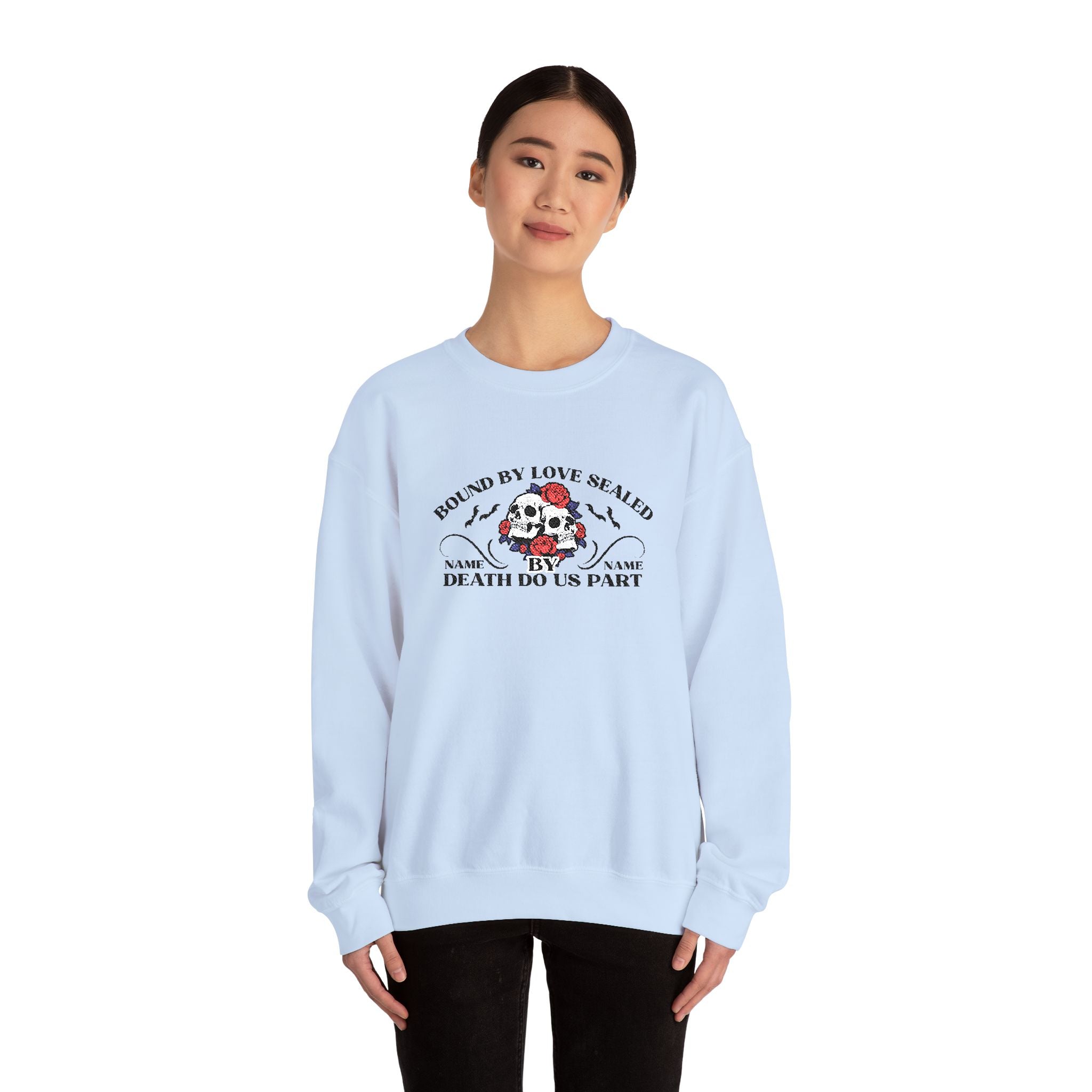 Embroidered Halloween Phrase Unisex Sweatshirt, Bound By Love Sealed By Death Customizable Halloween Sweatshirt, Couple's Names Sweatshirt,