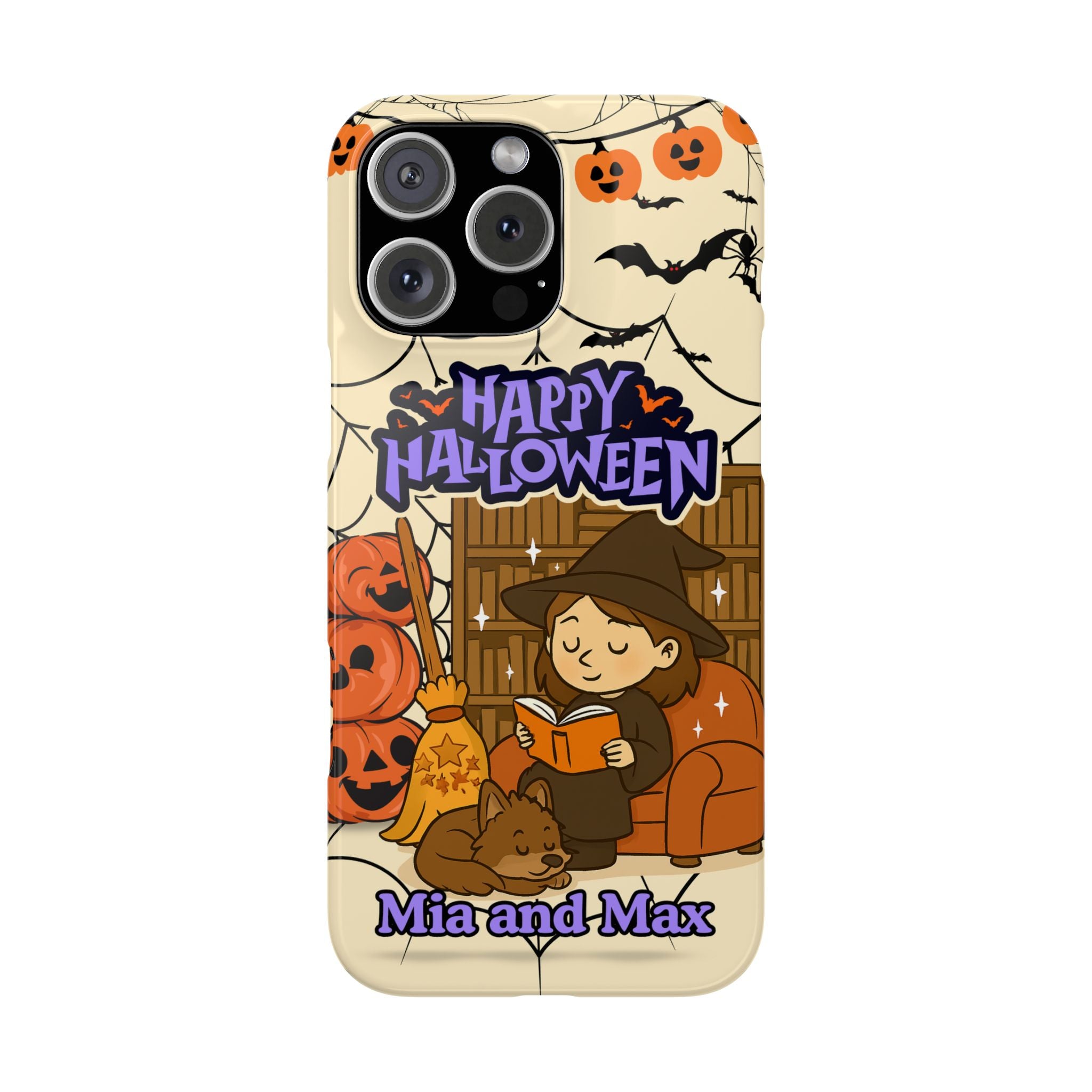 iPhone Case - Halloween Witch Reader with Pet, Personalized Fall Phone Cover, Book Lover Gift, Customizable Spooky Slim Case, Autumn Witchy