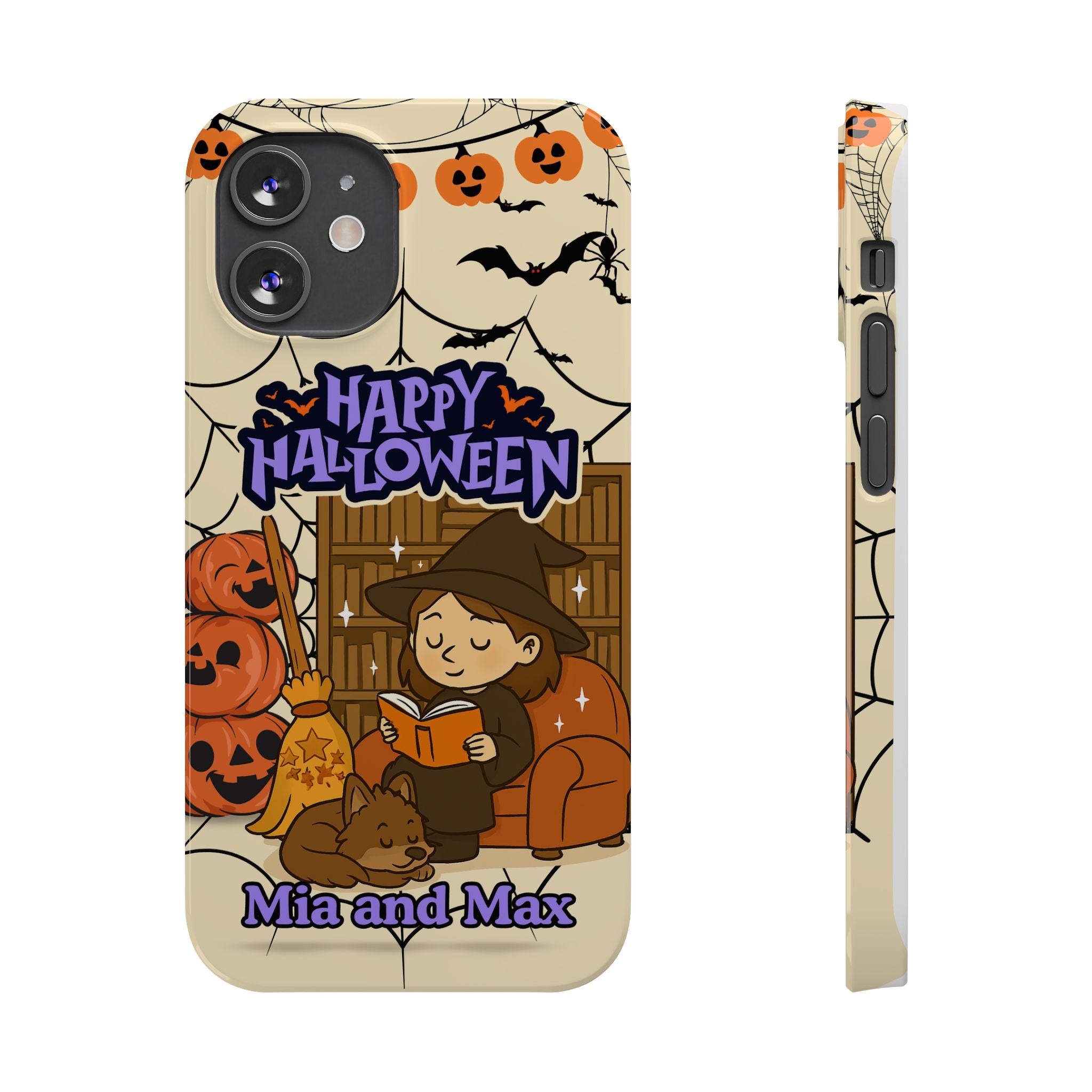 iPhone Case - Halloween Witch Reader with Pet, Personalized Fall Phone Cover, Book Lover Gift, Customizable Spooky Slim Case, Autumn Witchy