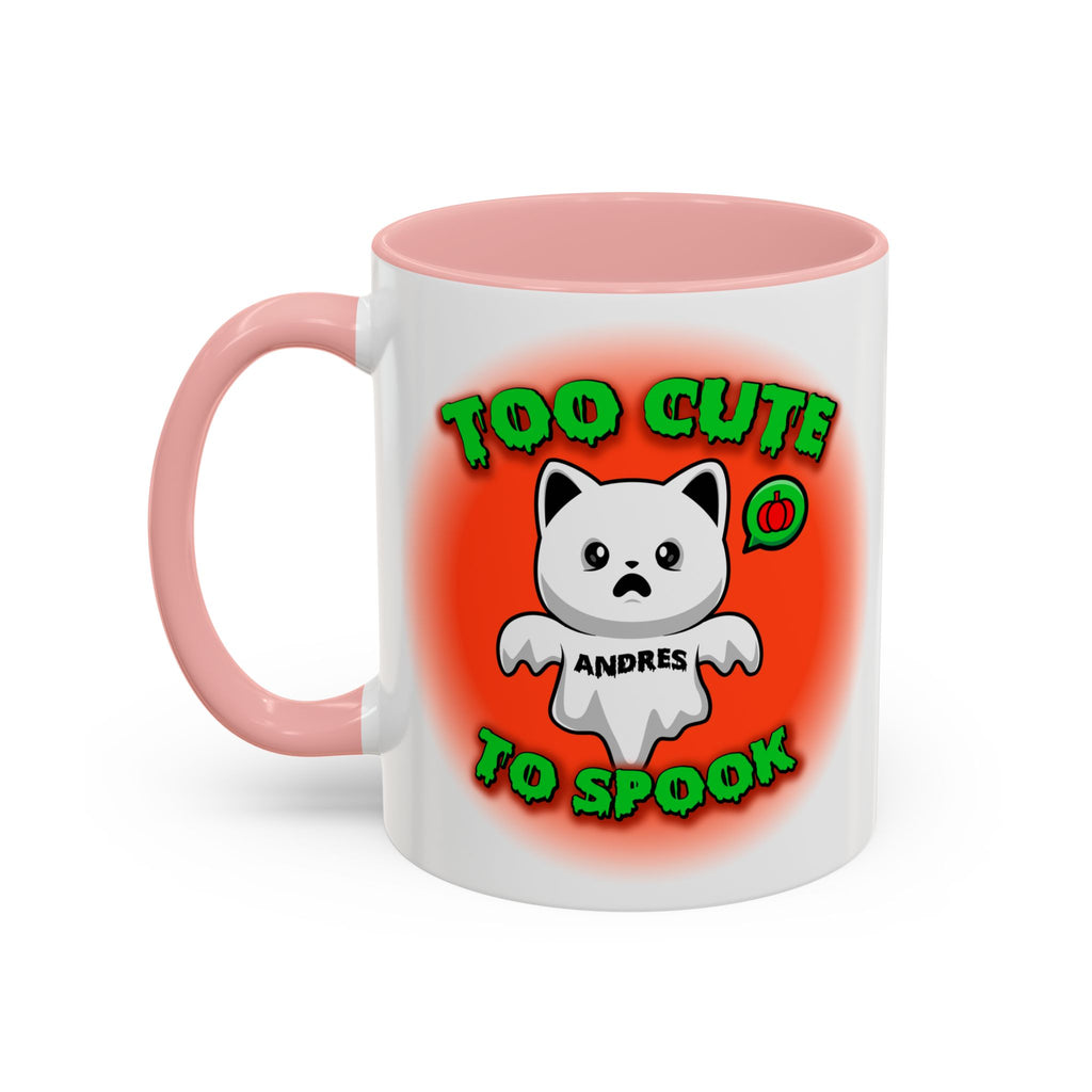 Halloween Accent Mug, Cute Ghost Cat, Too Cute To Spook, Custom Name Gift, Cat Lover Mug, Spooky Season Cup, Orange and White, Pink Handle,