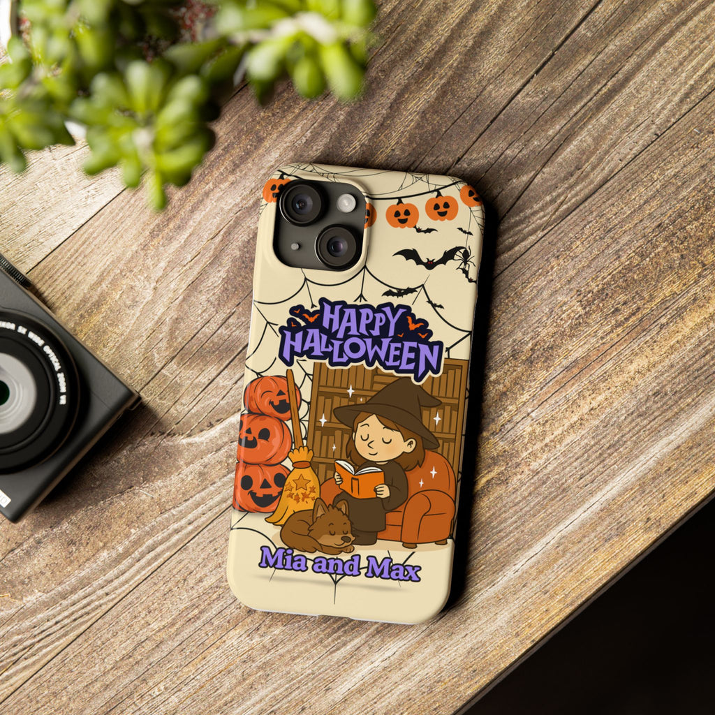 iPhone Case - Halloween Witch Reader with Pet, Personalized Fall Phone Cover, Book Lover Gift, Customizable Spooky Slim Case, Autumn Witchy