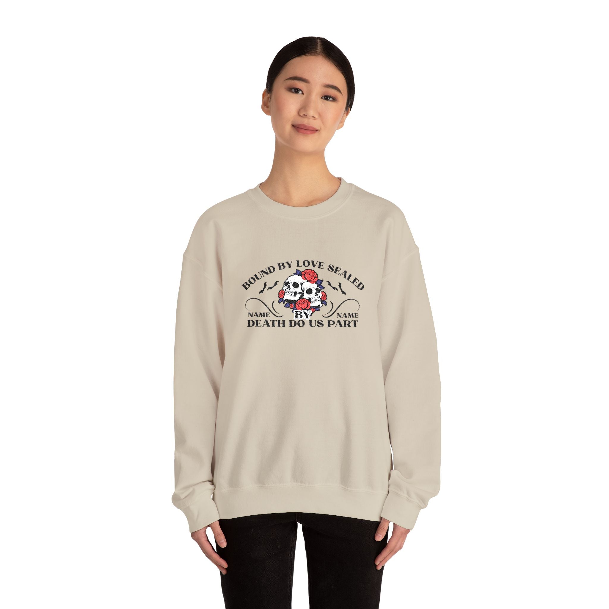 Embroidered Halloween Phrase Unisex Sweatshirt, Bound By Love Sealed By Death Customizable Halloween Sweatshirt, Couple's Names Sweatshirt,