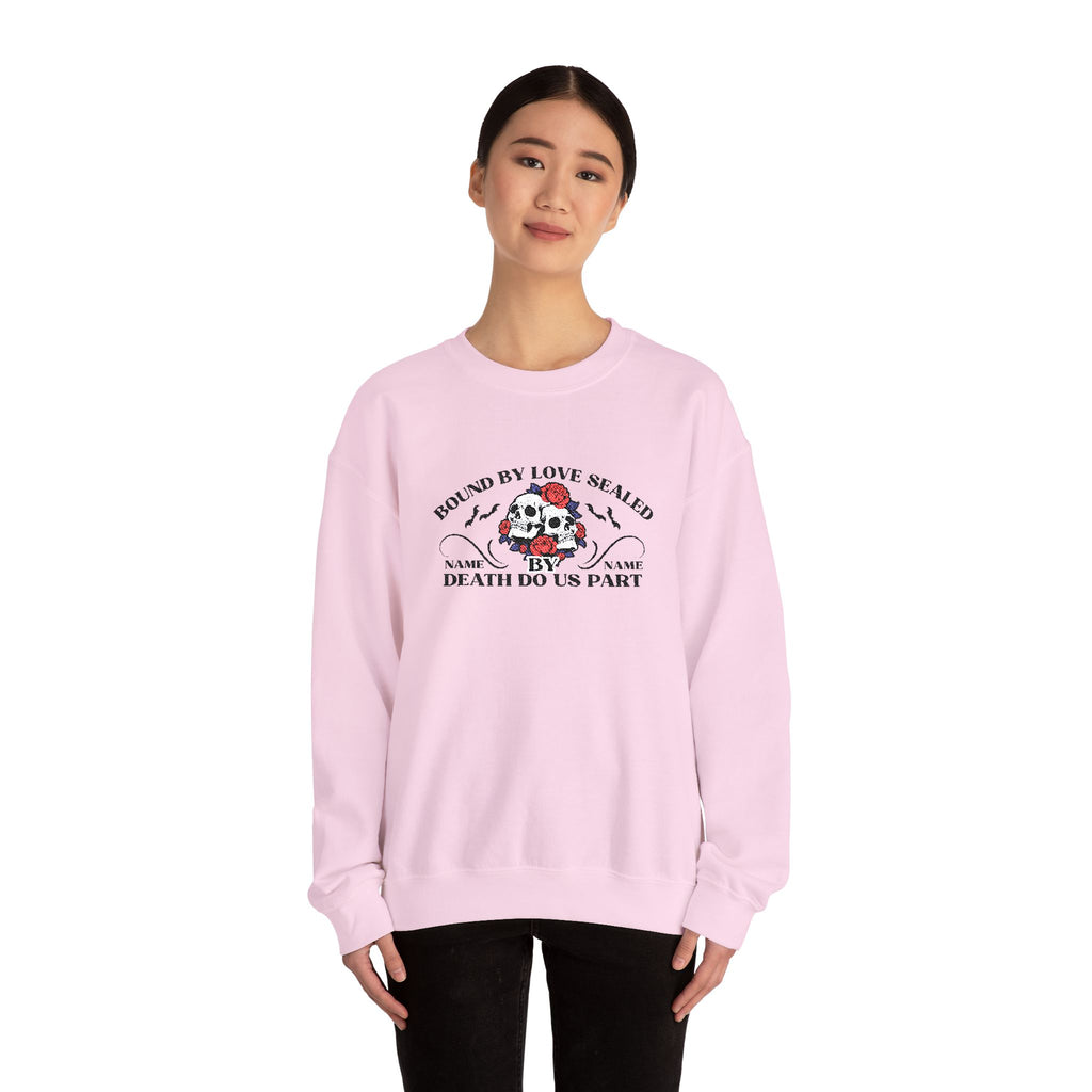 Embroidered Halloween Phrase Unisex Sweatshirt, Bound By Love Sealed By Death Customizable Halloween Sweatshirt, Couple's Names Sweatshirt,