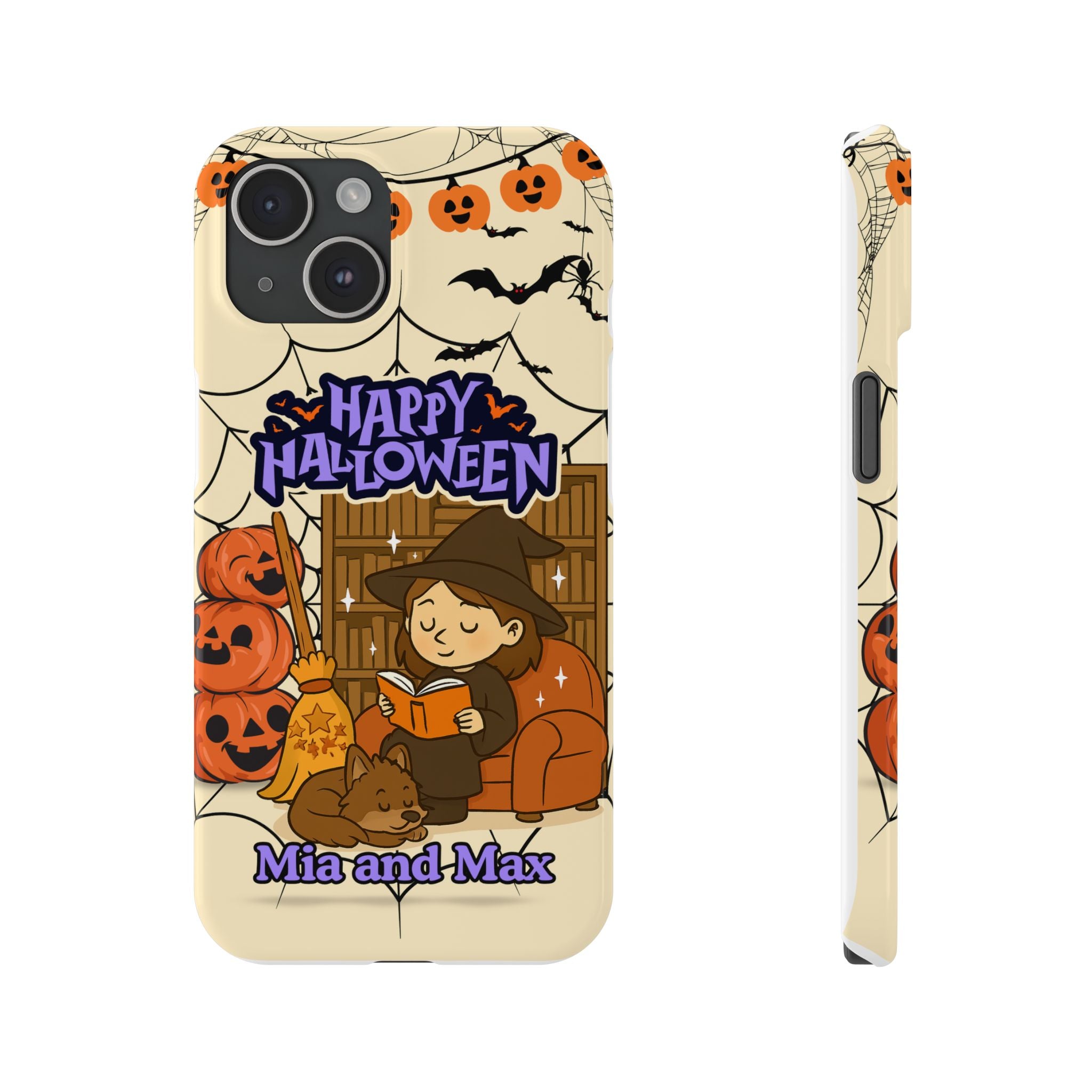 iPhone Case - Halloween Witch Reader with Pet, Personalized Fall Phone Cover, Book Lover Gift, Customizable Spooky Slim Case, Autumn Witchy