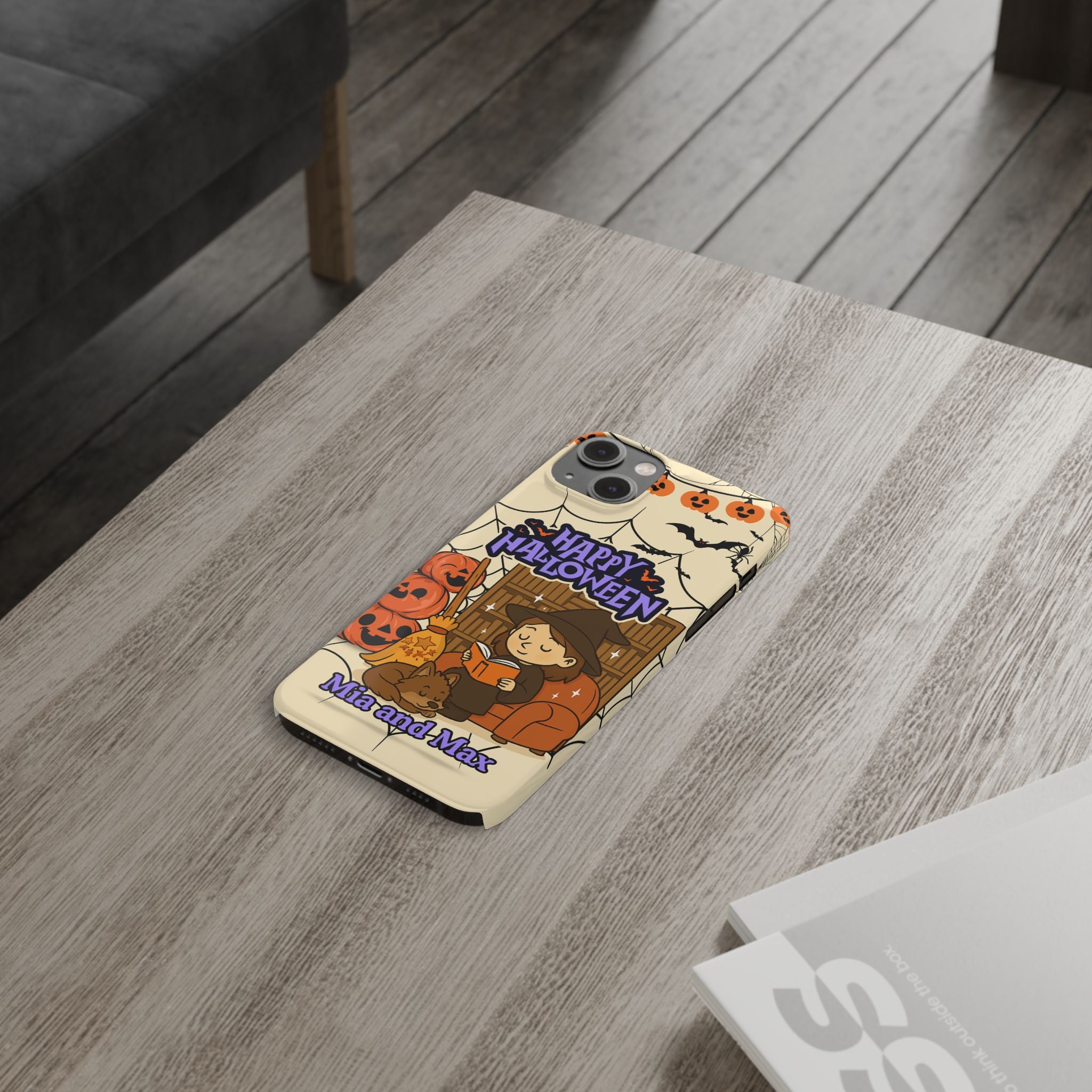 iPhone Case - Halloween Witch Reader with Pet, Personalized Fall Phone Cover, Book Lover Gift, Customizable Spooky Slim Case, Autumn Witchy