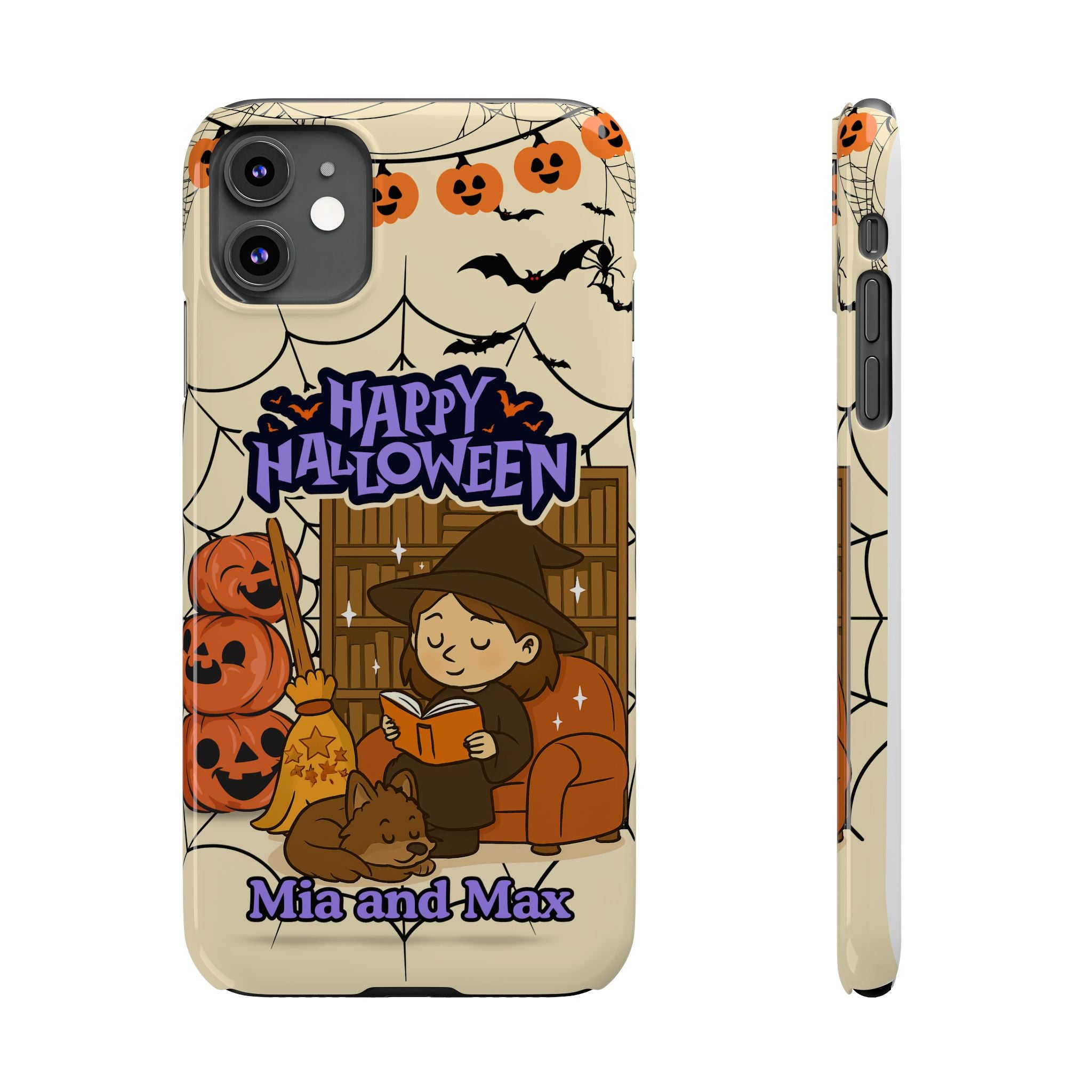 iPhone Case - Halloween Witch Reader with Pet, Personalized Fall Phone Cover, Book Lover Gift, Customizable Spooky Slim Case, Autumn Witchy