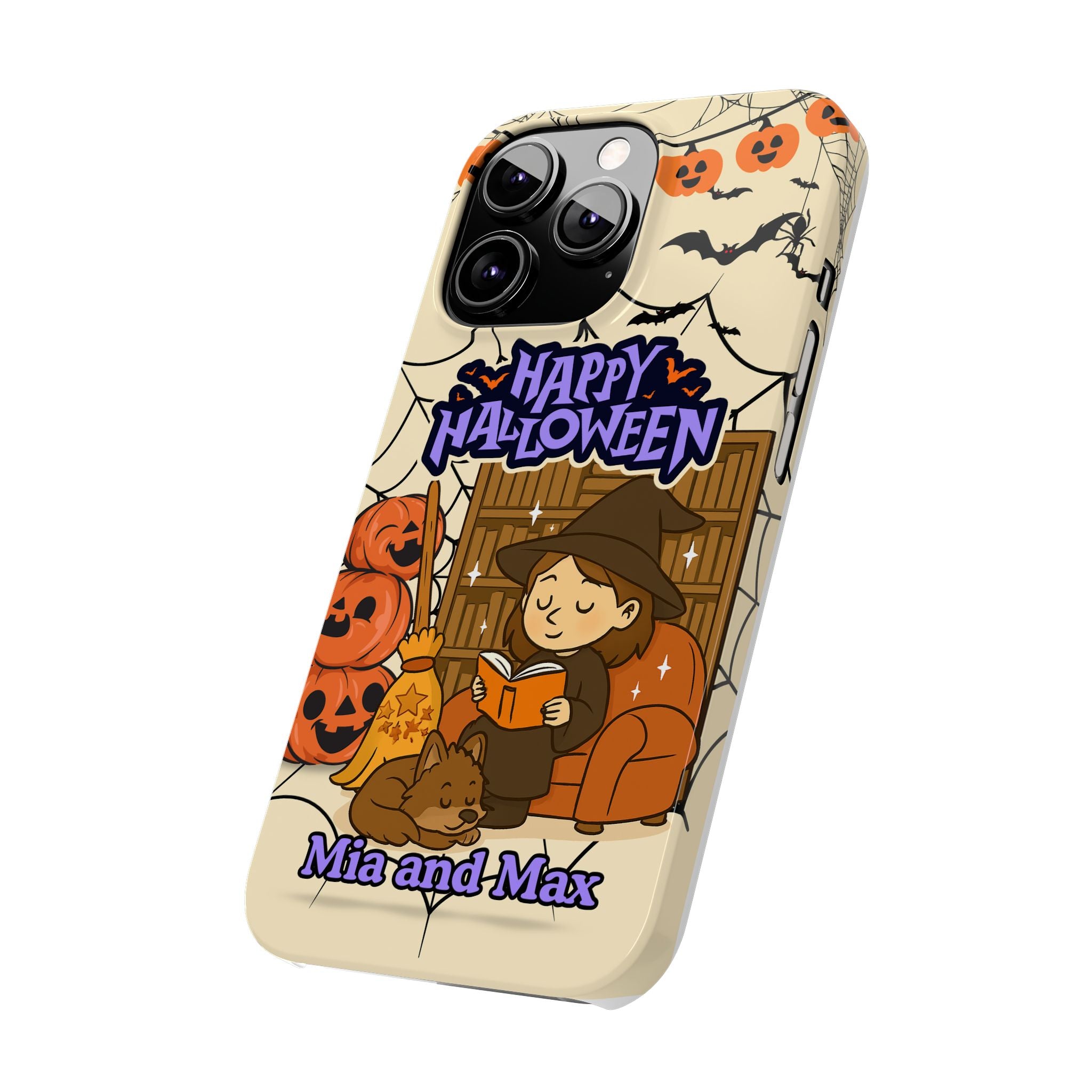 iPhone Case - Halloween Witch Reader with Pet, Personalized Fall Phone Cover, Book Lover Gift, Customizable Spooky Slim Case, Autumn Witchy