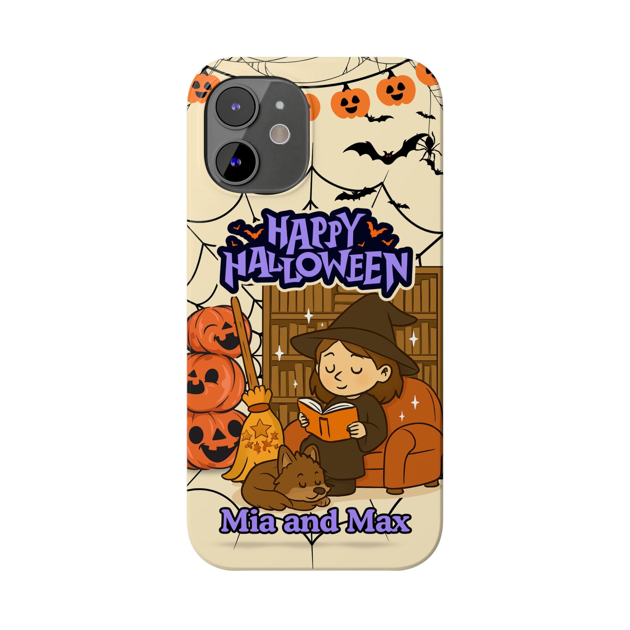 iPhone Case - Halloween Witch Reader with Pet, Personalized Fall Phone Cover, Book Lover Gift, Customizable Spooky Slim Case, Autumn Witchy