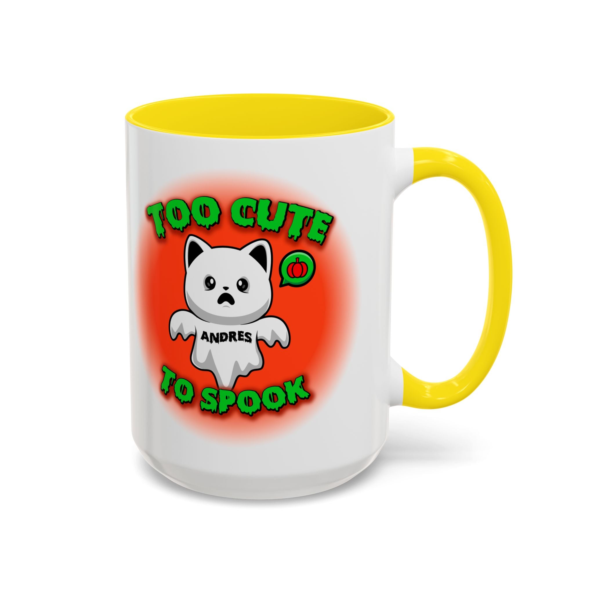 Halloween Accent Mug, Cute Ghost Cat, Too Cute To Spook, Custom Name Gift, Cat Lover Mug, Spooky Season Cup, Orange and White, Pink Handle,