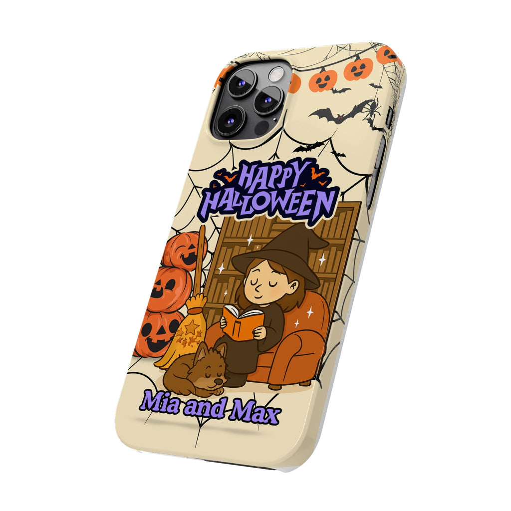 iPhone Case - Halloween Witch Reader with Pet, Personalized Fall Phone Cover, Book Lover Gift, Customizable Spooky Slim Case, Autumn Witchy