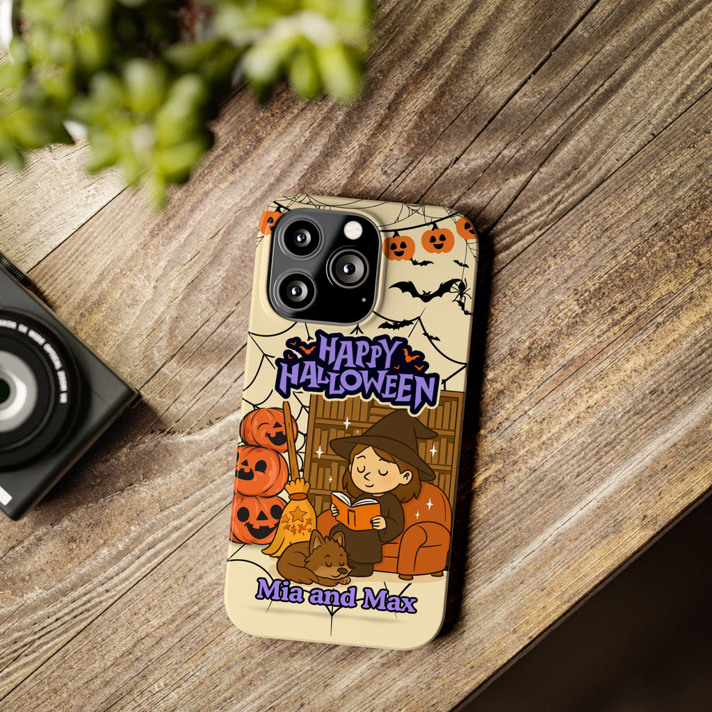 iPhone Case - Halloween Witch Reader with Pet, Personalized Fall Phone Cover, Book Lover Gift, Customizable Spooky Slim Case, Autumn Witchy