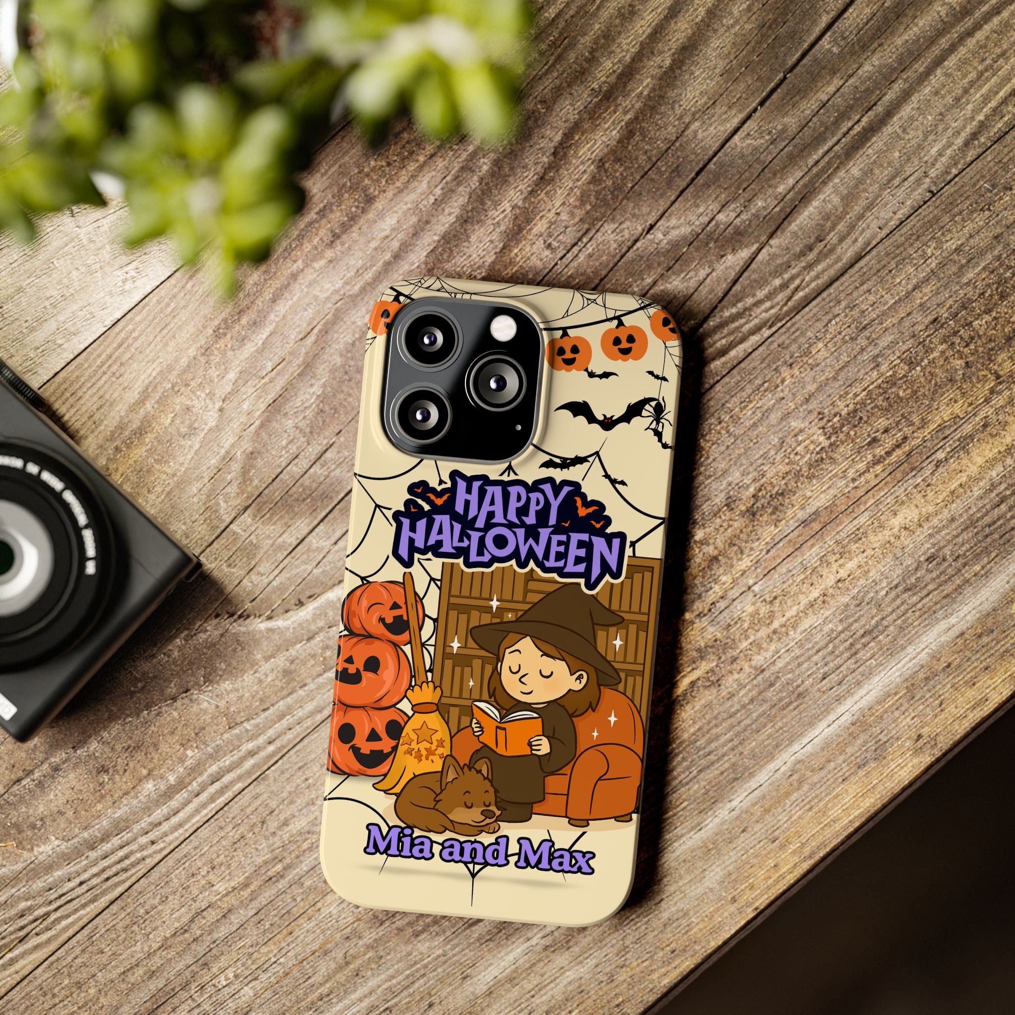 iPhone Case - Halloween Witch Reader with Pet, Personalized Fall Phone Cover, Book Lover Gift, Customizable Spooky Slim Case, Autumn Witchy
