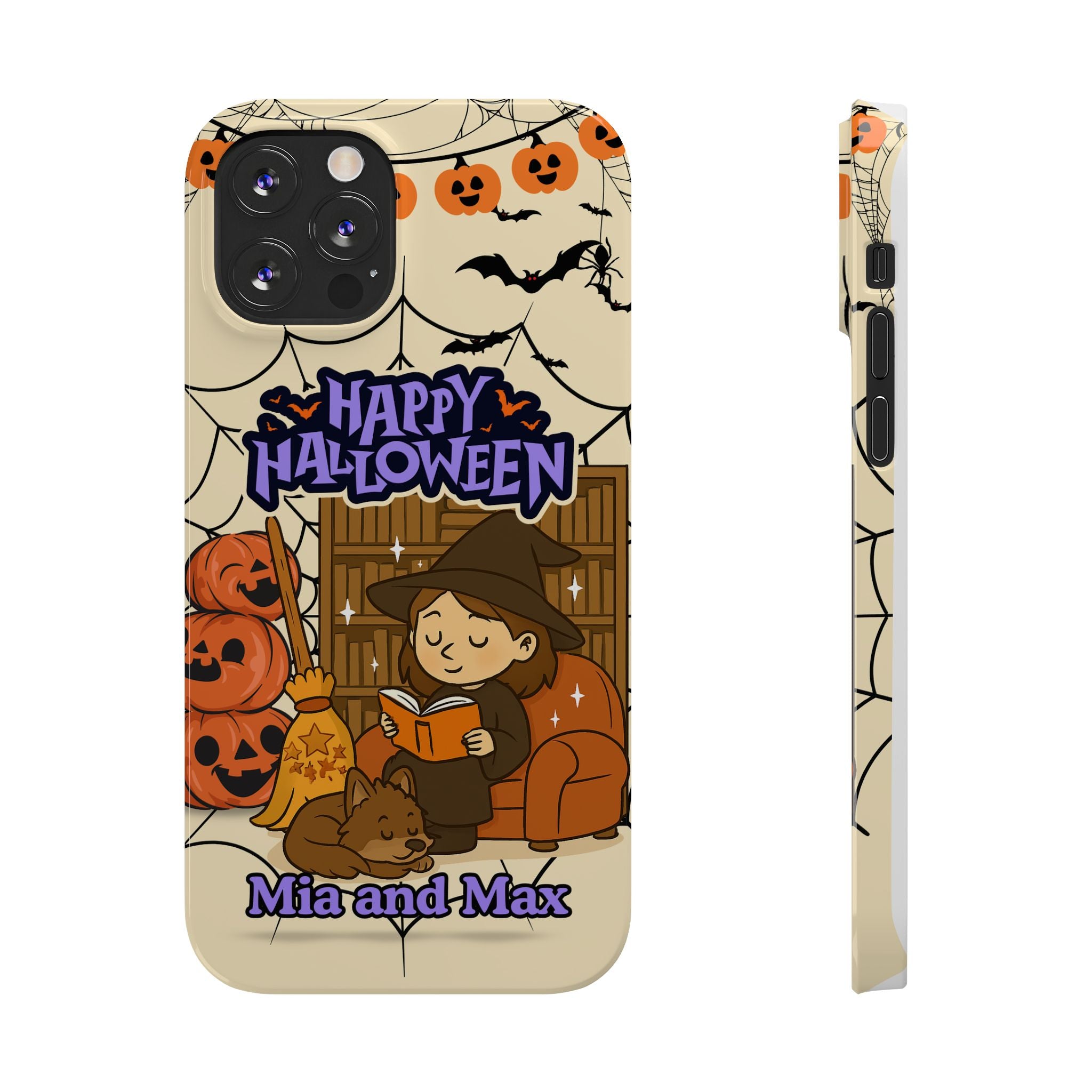 iPhone Case - Halloween Witch Reader with Pet, Personalized Fall Phone Cover, Book Lover Gift, Customizable Spooky Slim Case, Autumn Witchy