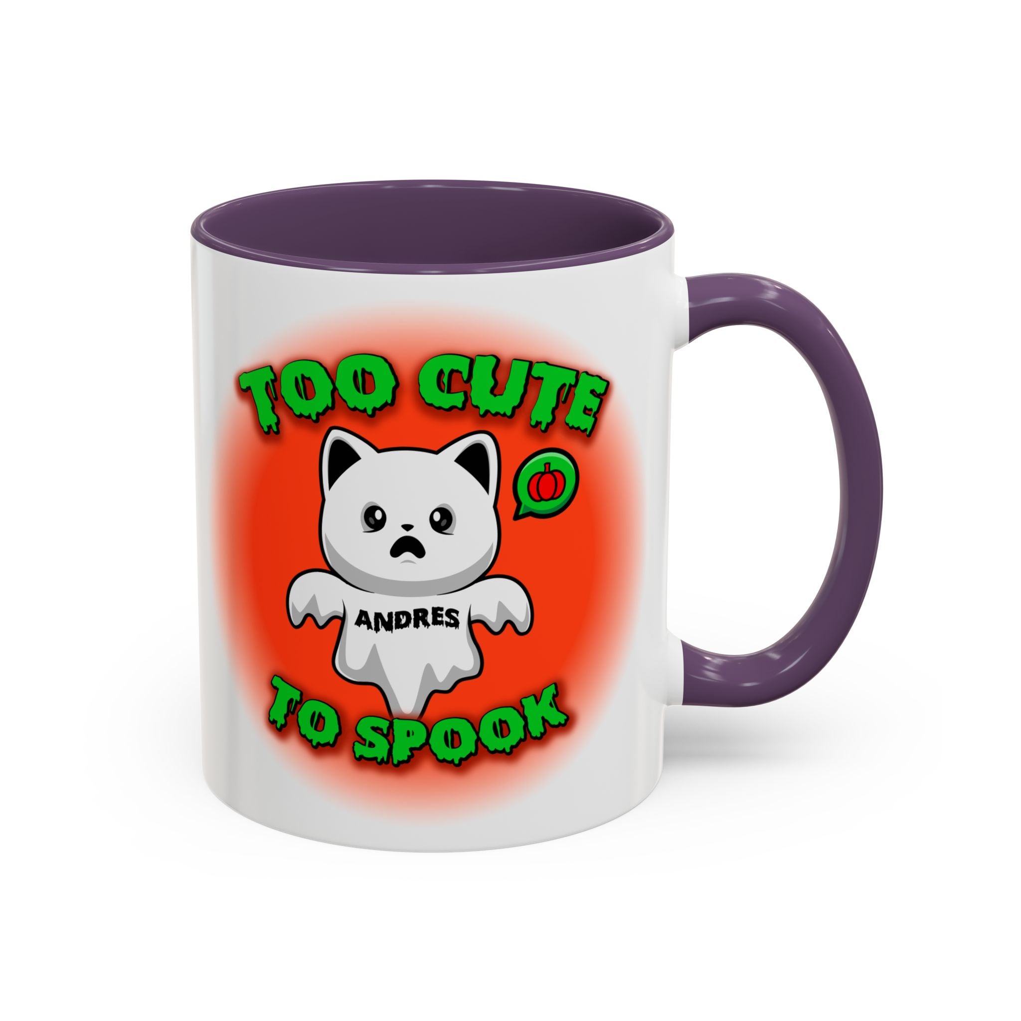 Halloween Accent Mug, Cute Ghost Cat, Too Cute To Spook, Custom Name Gift, Cat Lover Mug, Spooky Season Cup, Orange and White, Pink Handle,
