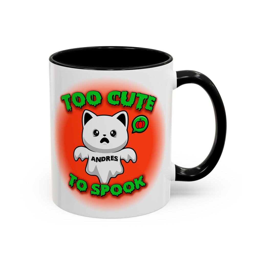 Halloween Accent Mug, Cute Ghost Cat, Too Cute To Spook, Custom Name Gift, Cat Lover Mug, Spooky Season Cup, Orange and White, Pink Handle,