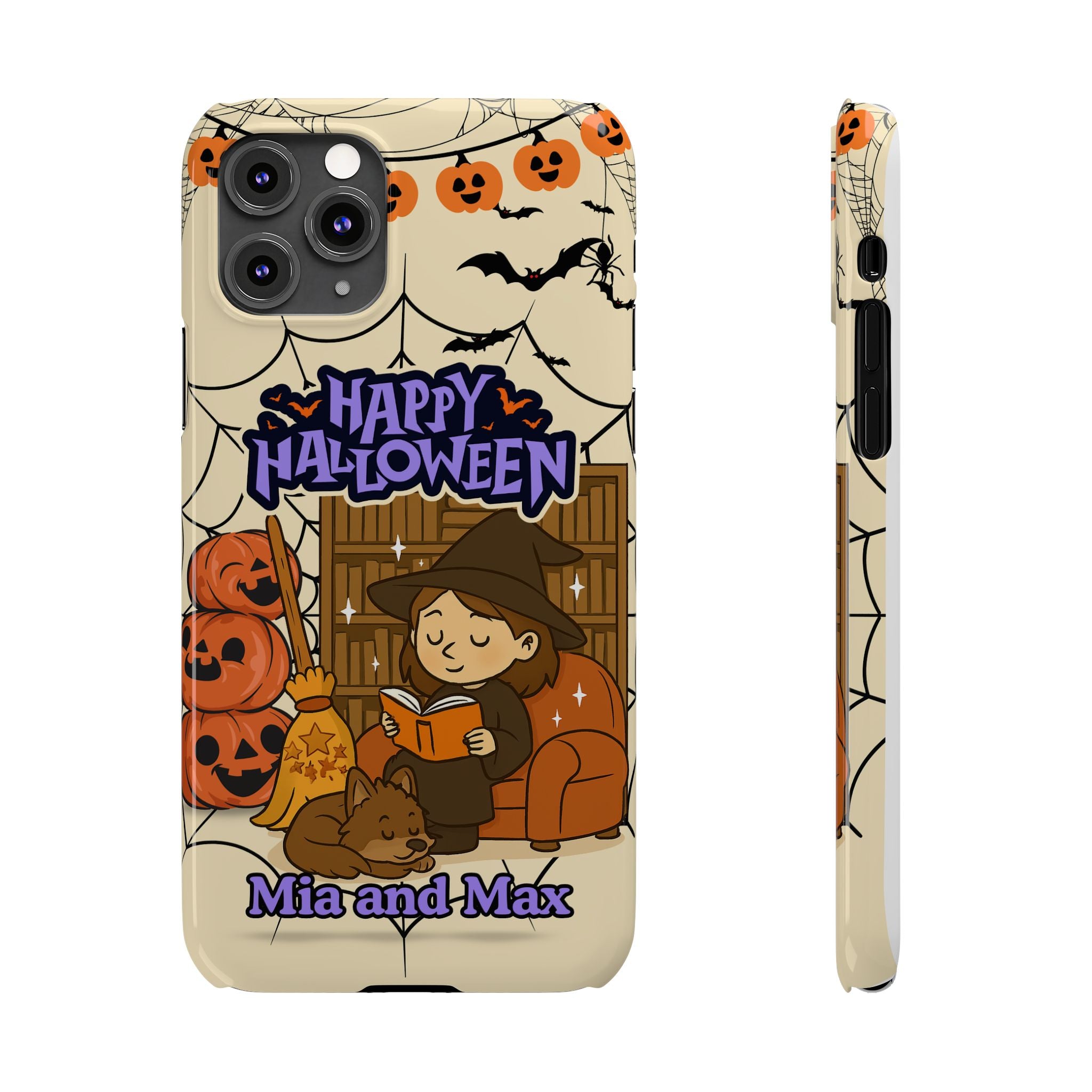 iPhone Case - Halloween Witch Reader with Pet, Personalized Fall Phone Cover, Book Lover Gift, Customizable Spooky Slim Case, Autumn Witchy