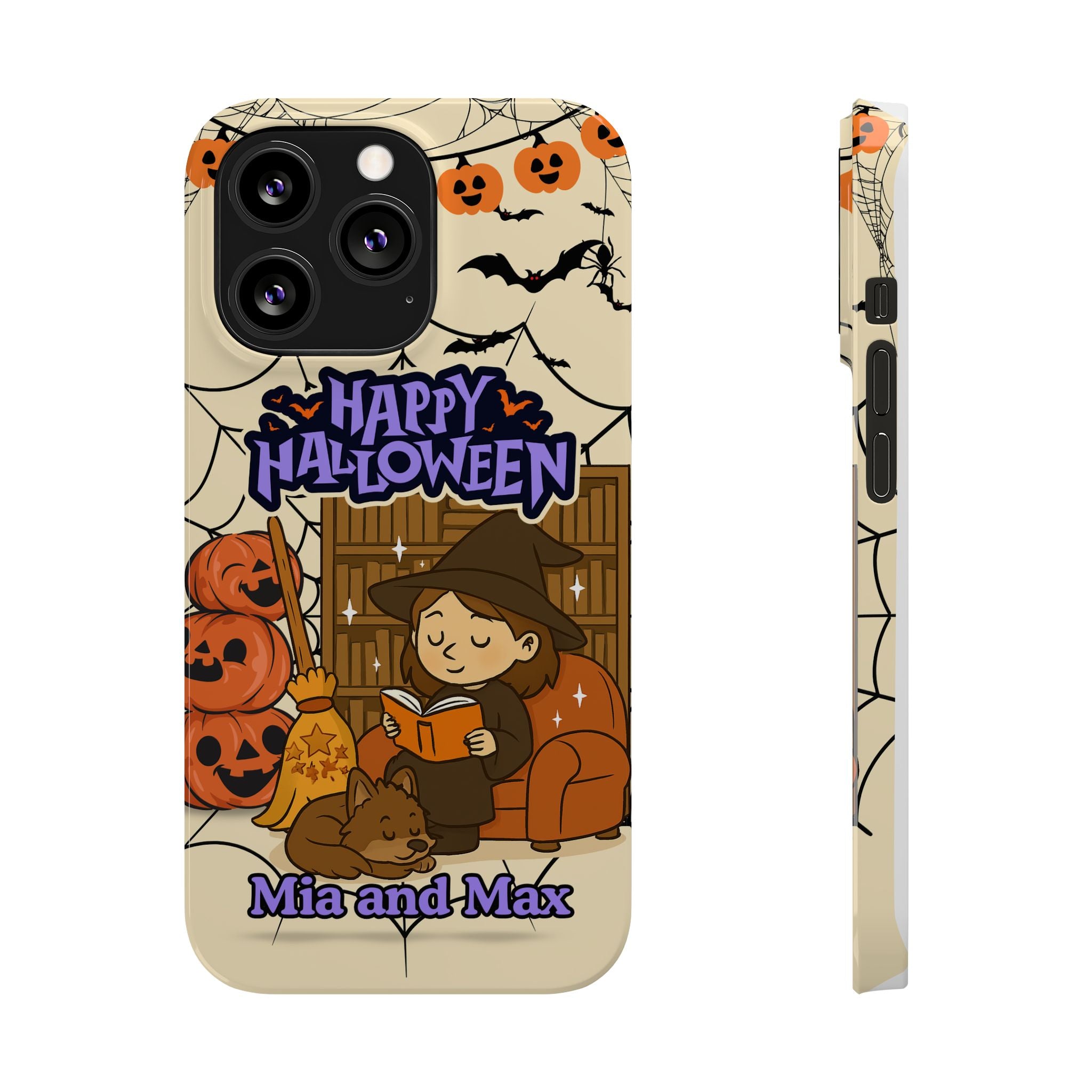 iPhone Case - Halloween Witch Reader with Pet, Personalized Fall Phone Cover, Book Lover Gift, Customizable Spooky Slim Case, Autumn Witchy