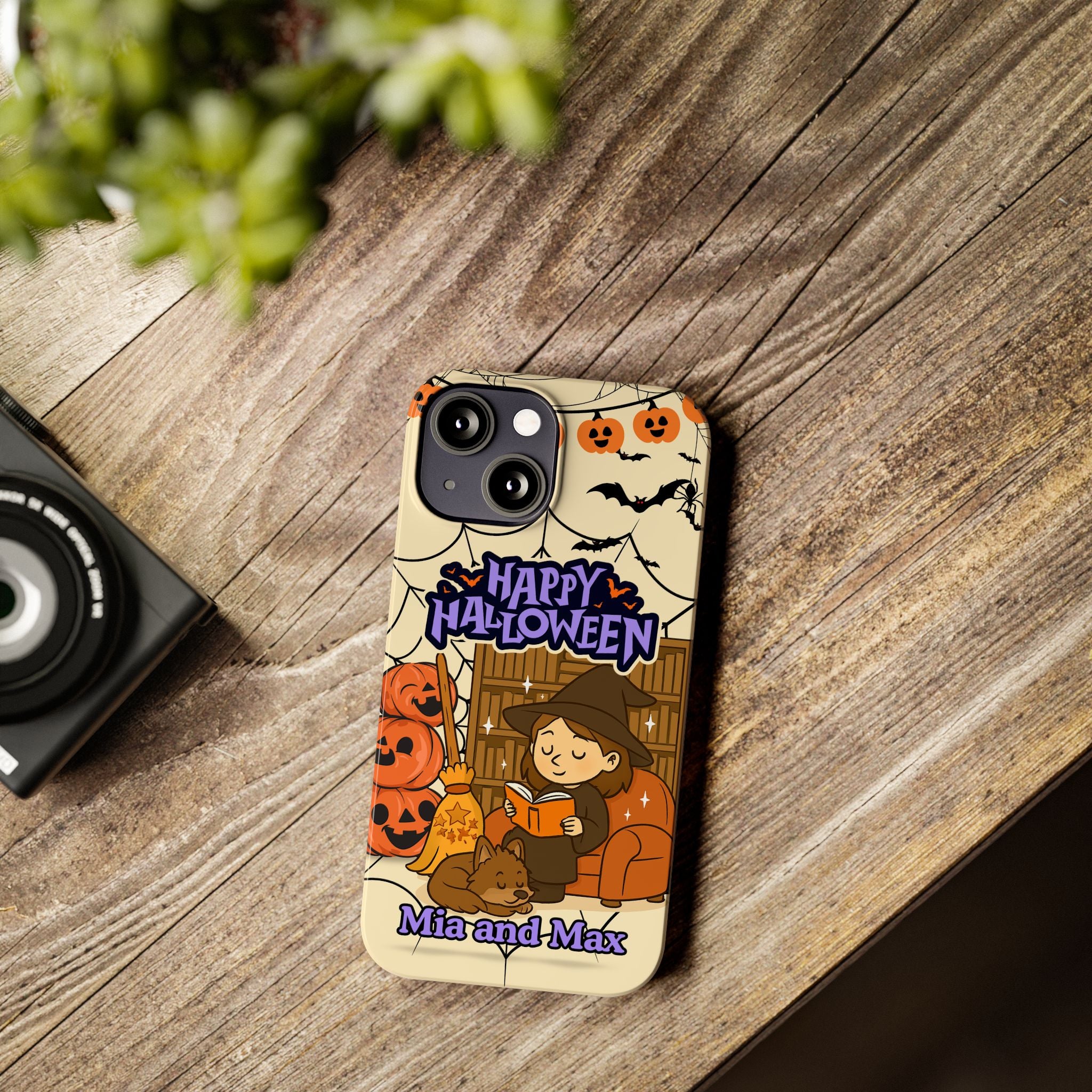 iPhone Case - Halloween Witch Reader with Pet, Personalized Fall Phone Cover, Book Lover Gift, Customizable Spooky Slim Case, Autumn Witchy