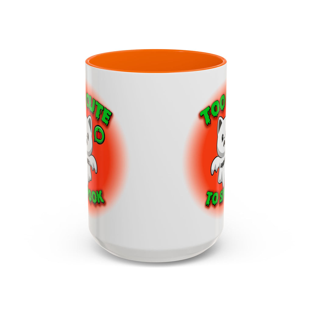 Halloween Accent Mug, Cute Ghost Cat, Too Cute To Spook, Custom Name Gift, Cat Lover Mug, Spooky Season Cup, Orange and White, Pink Handle,
