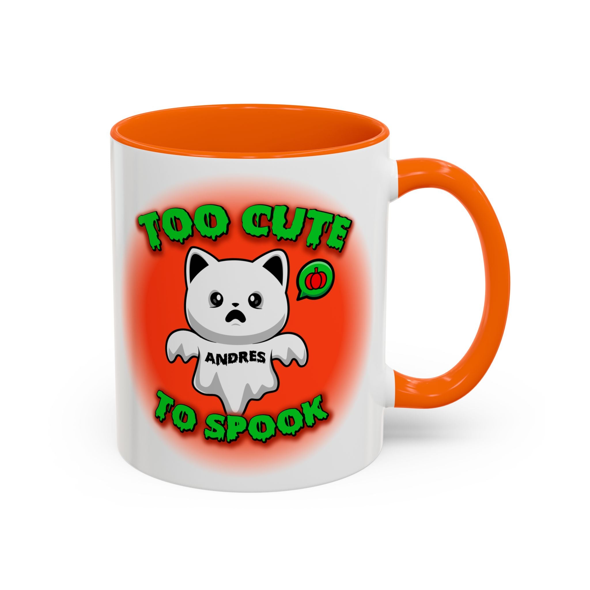 Halloween Accent Mug, Cute Ghost Cat, Too Cute To Spook, Custom Name Gift, Cat Lover Mug, Spooky Season Cup, Orange and White, Pink Handle,