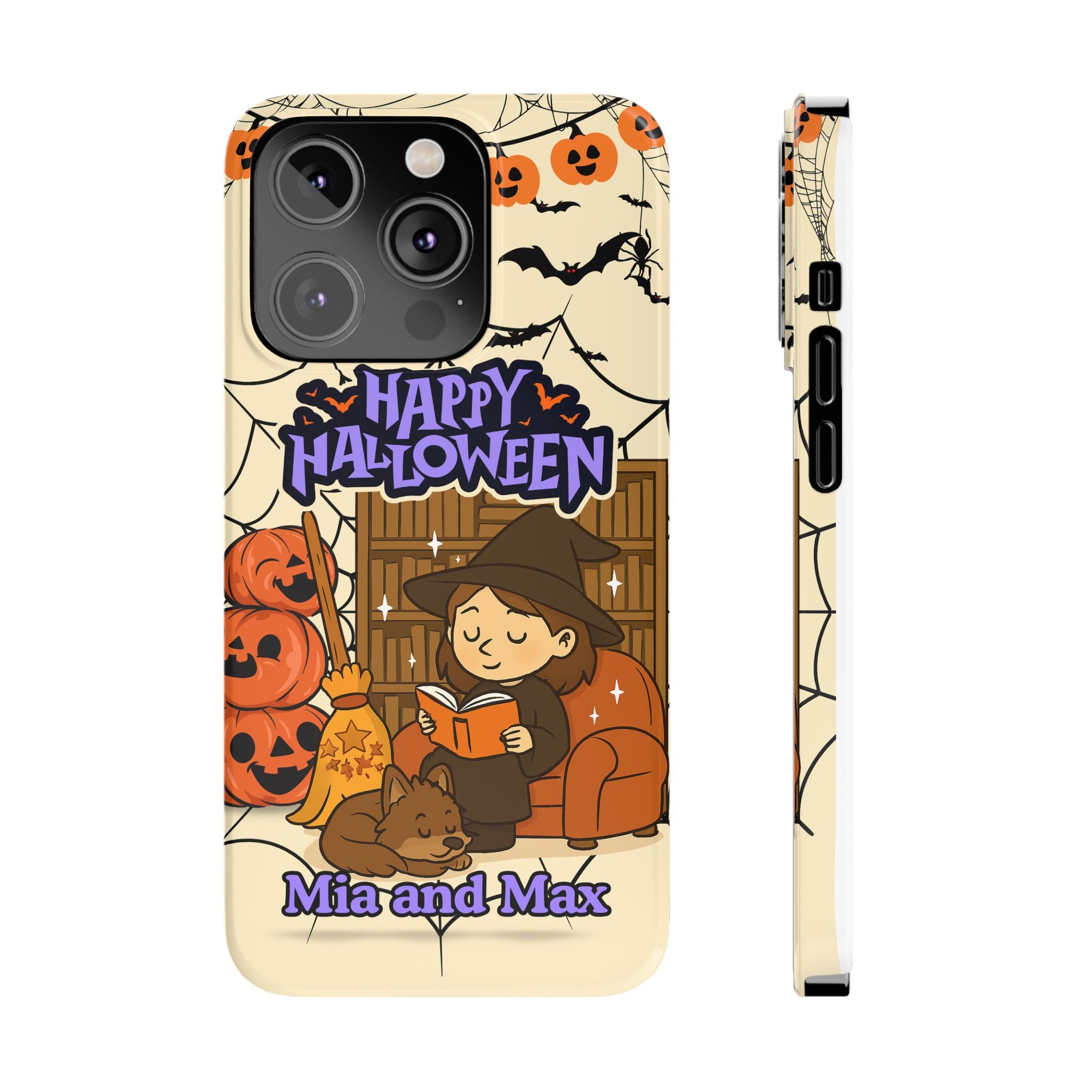 iPhone Case - Halloween Witch Reader with Pet, Personalized Fall Phone Cover, Book Lover Gift, Customizable Spooky Slim Case, Autumn Witchy