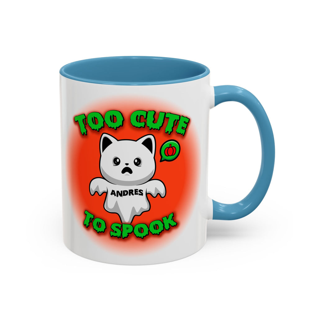 Halloween Accent Mug, Cute Ghost Cat, Too Cute To Spook, Custom Name Gift, Cat Lover Mug, Spooky Season Cup, Orange and White, Pink Handle,