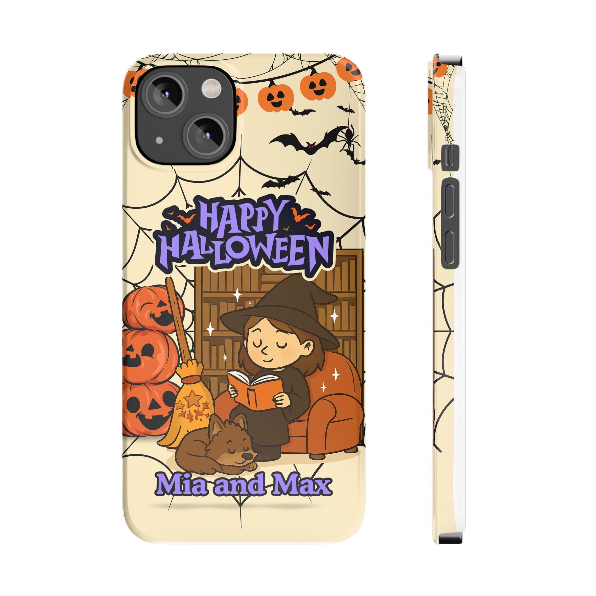 iPhone Case - Halloween Witch Reader with Pet, Personalized Fall Phone Cover, Book Lover Gift, Customizable Spooky Slim Case, Autumn Witchy