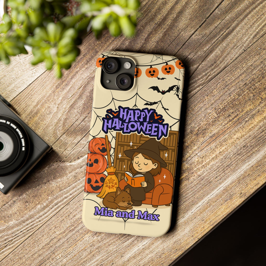 iPhone Case - Halloween Witch Reader with Pet, Personalized Fall Phone Cover, Book Lover Gift, Customizable Spooky Slim Case, Autumn Witchy