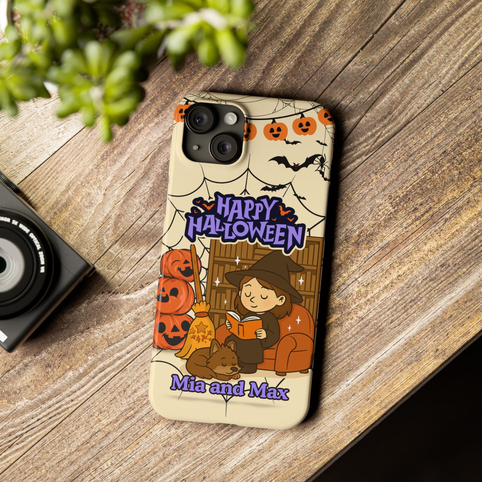 iPhone Case - Halloween Witch Reader with Pet, Personalized Fall Phone Cover, Book Lover Gift, Customizable Spooky Slim Case, Autumn Witchy