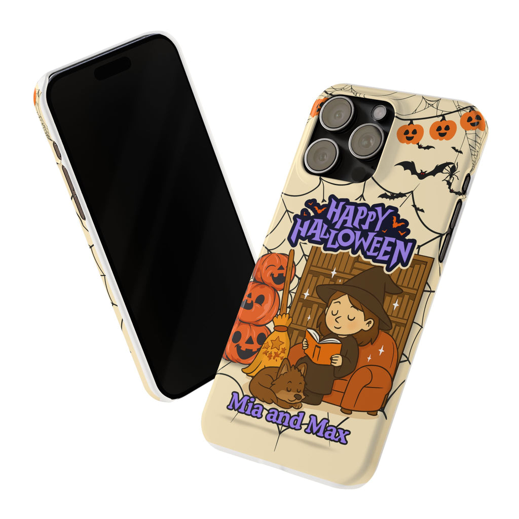 iPhone Case - Halloween Witch Reader with Pet, Personalized Fall Phone Cover, Book Lover Gift, Customizable Spooky Slim Case, Autumn Witchy