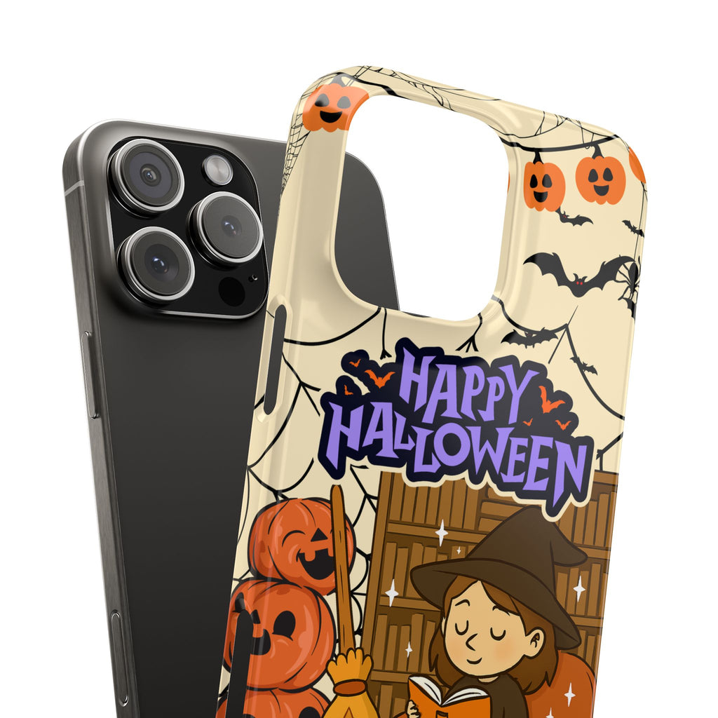 iPhone Case - Halloween Witch Reader with Pet, Personalized Fall Phone Cover, Book Lover Gift, Customizable Spooky Slim Case, Autumn Witchy