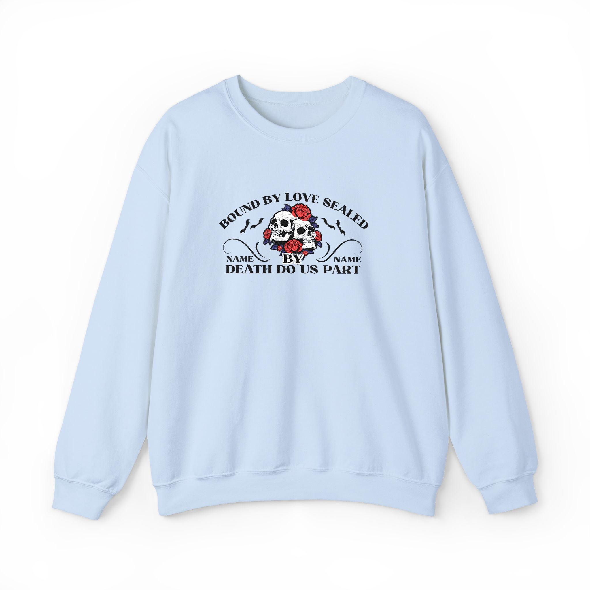 Embroidered Halloween Phrase Unisex Sweatshirt, Bound By Love Sealed By Death Customizable Halloween Sweatshirt, Couple's Names Sweatshirt,