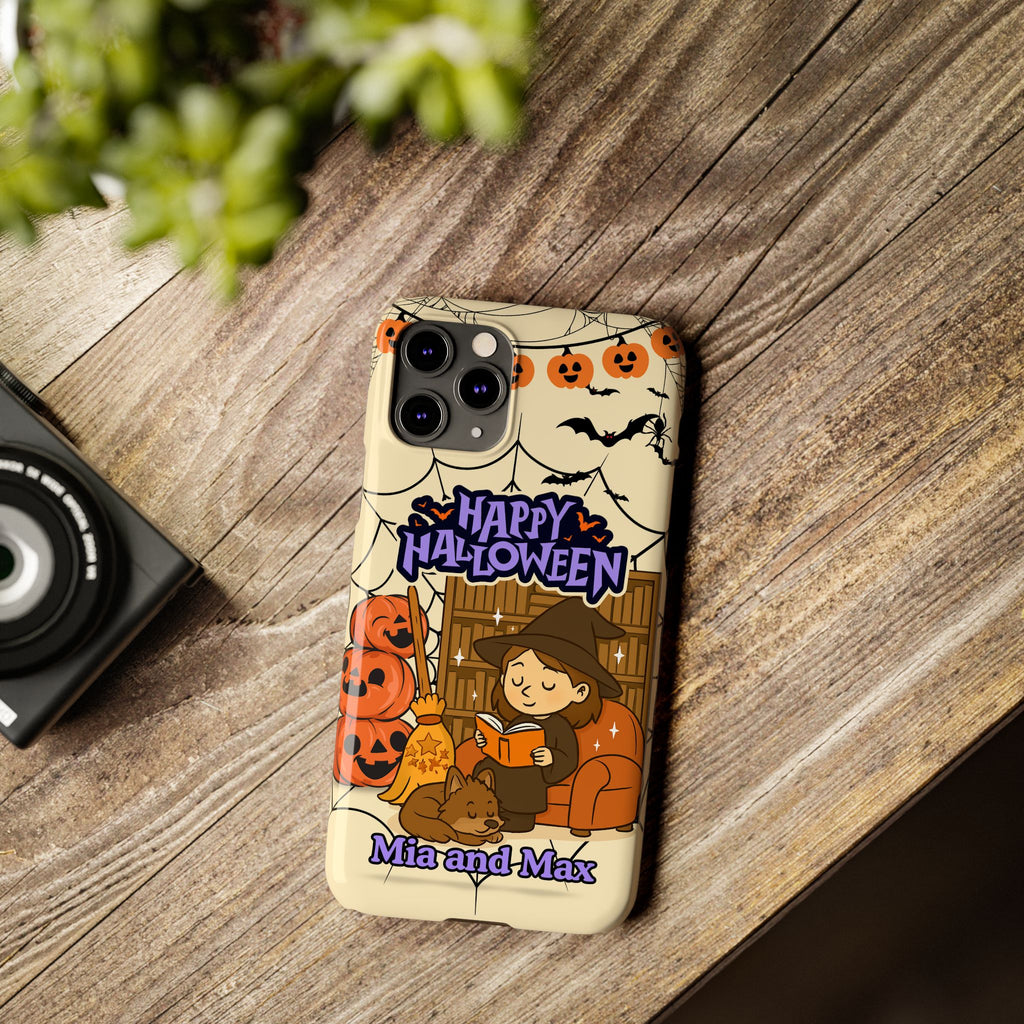 iPhone Case - Halloween Witch Reader with Pet, Personalized Fall Phone Cover, Book Lover Gift, Customizable Spooky Slim Case, Autumn Witchy