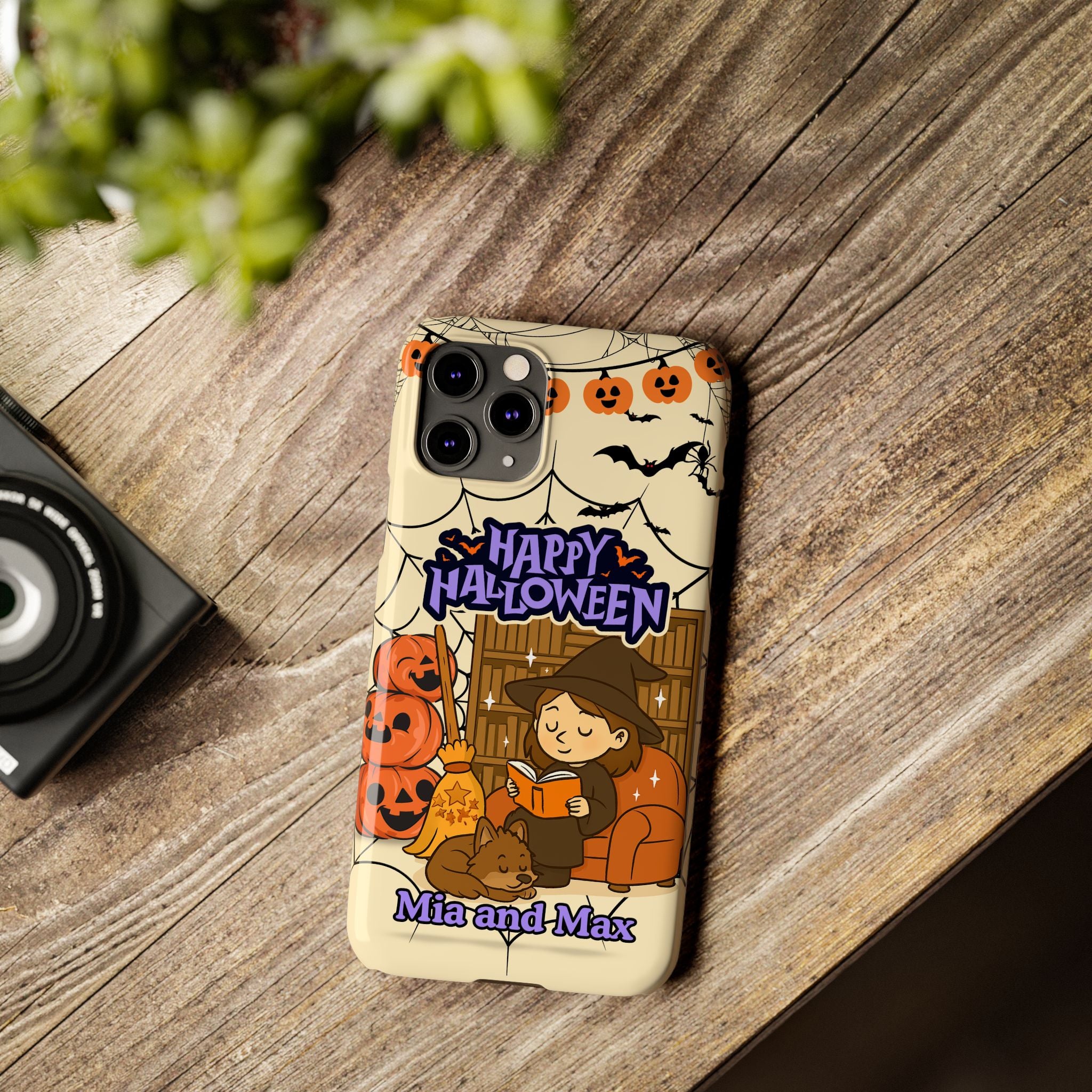 iPhone Case - Halloween Witch Reader with Pet, Personalized Fall Phone Cover, Book Lover Gift, Customizable Spooky Slim Case, Autumn Witchy