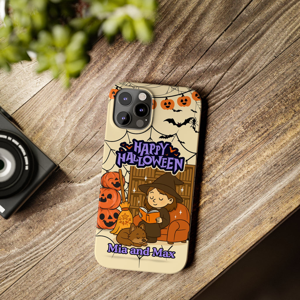 iPhone Case - Halloween Witch Reader with Pet, Personalized Fall Phone Cover, Book Lover Gift, Customizable Spooky Slim Case, Autumn Witchy